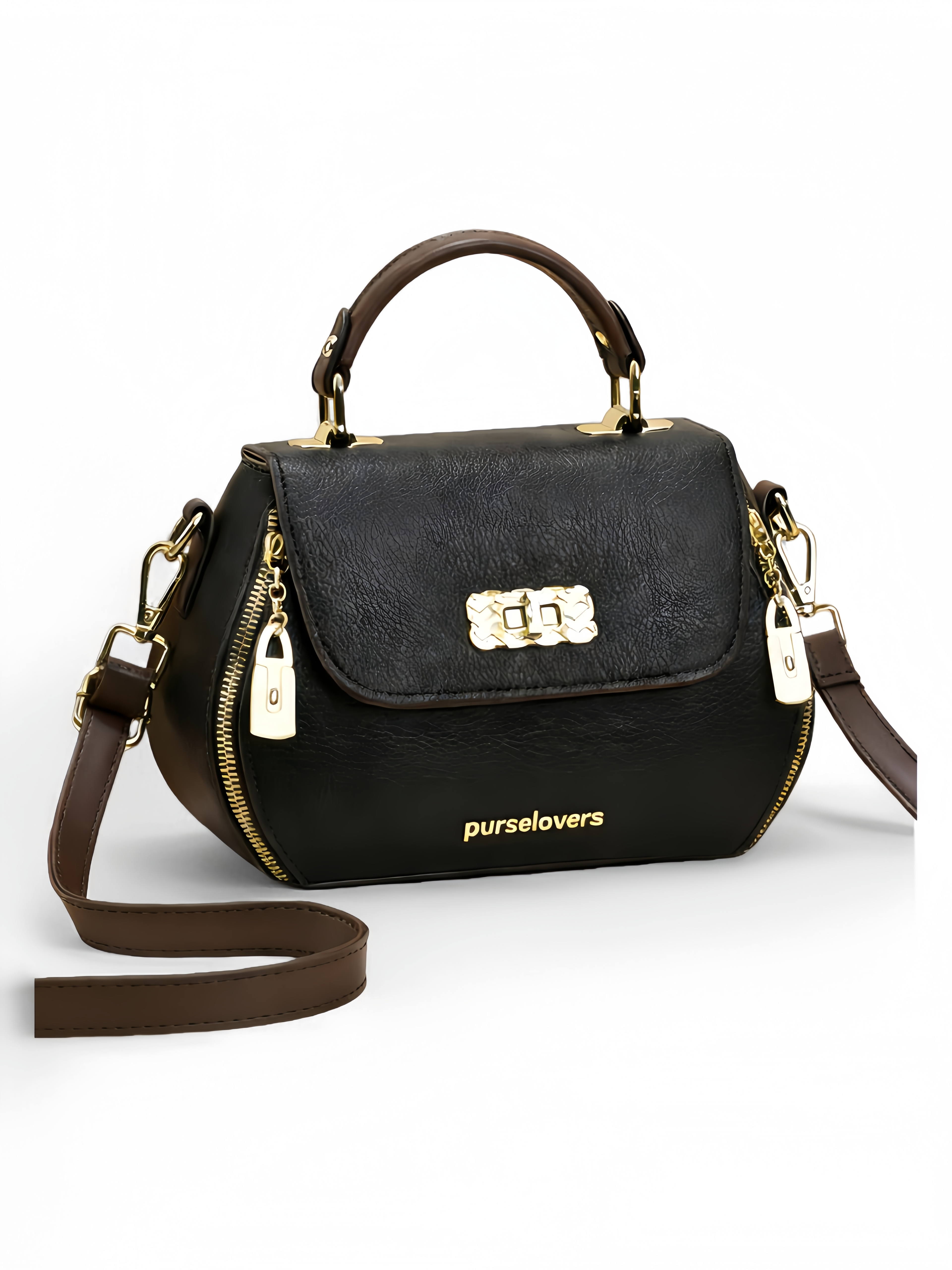 Purselovers Black and Gold Lychee Pattern Handbag with Gold Label