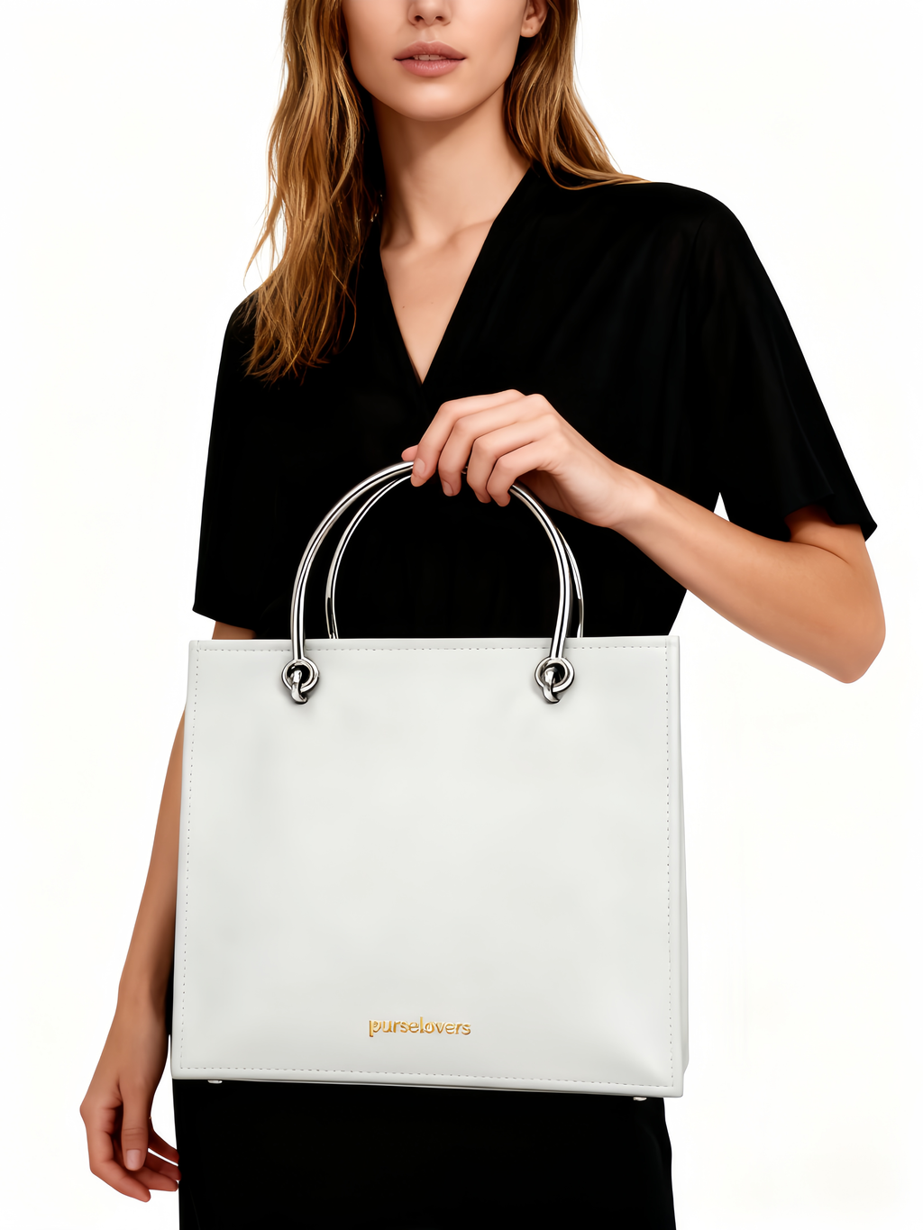 Purselovers Light Gray Plain Leather Tote Bag with Gold Logo