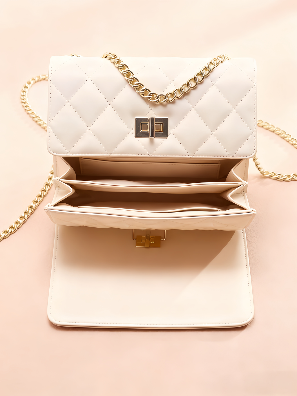 Purselovers Classic White Diamond Pattern Crossbody Bag with Gold Logo
