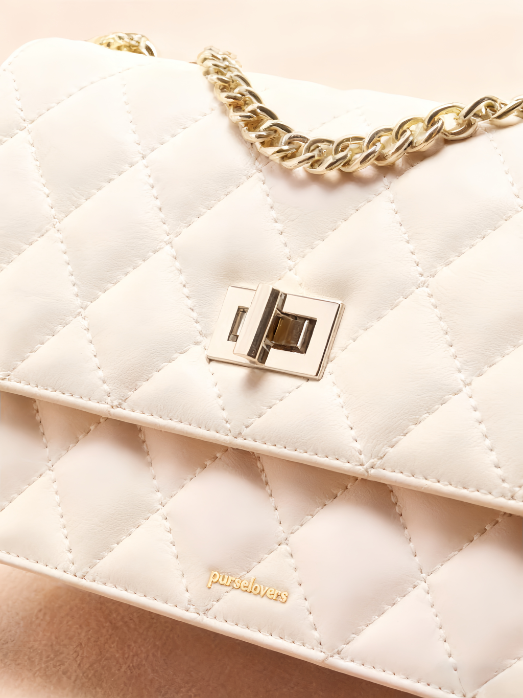 Purselovers Classic White Diamond Pattern Crossbody Bag with Gold Logo