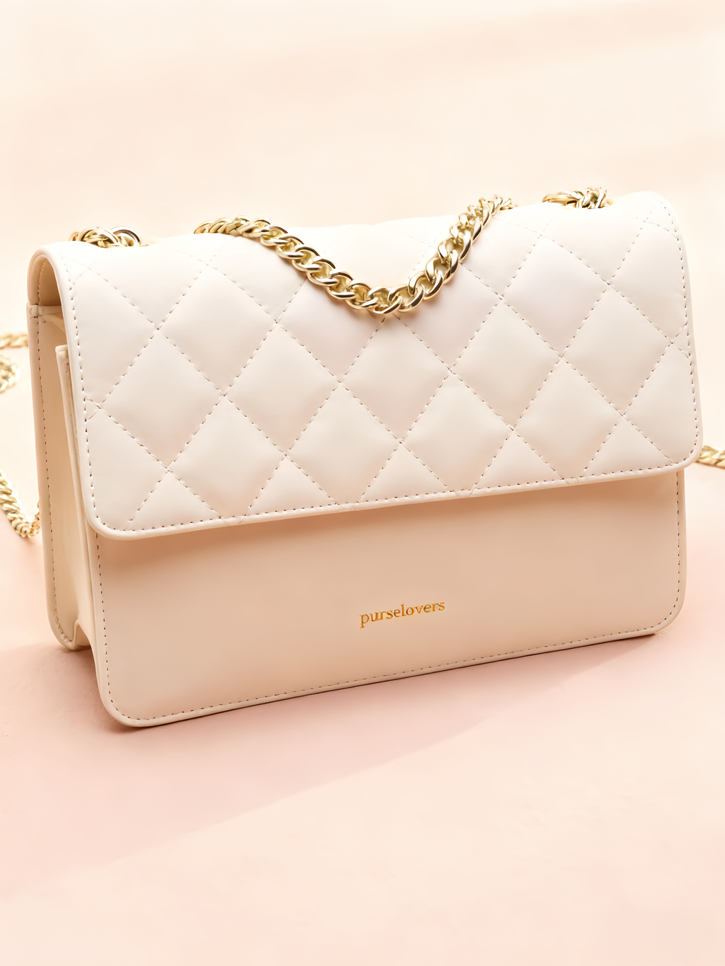 Purselovers Classic White Diamond Pattern Crossbody Bag with Gold Logo