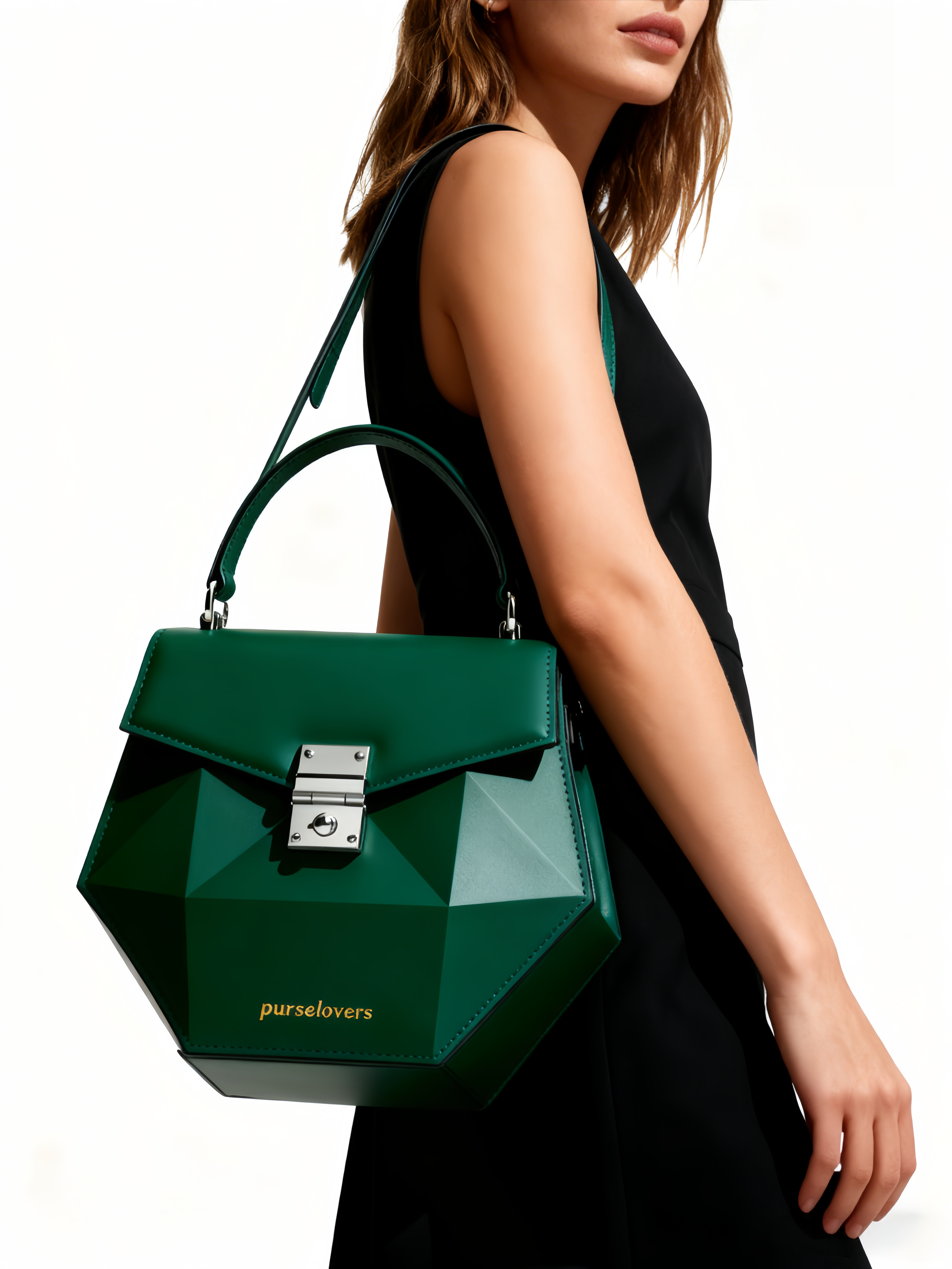 Purselovers Dark Green Geometric Cutout Gold Logo Handbag