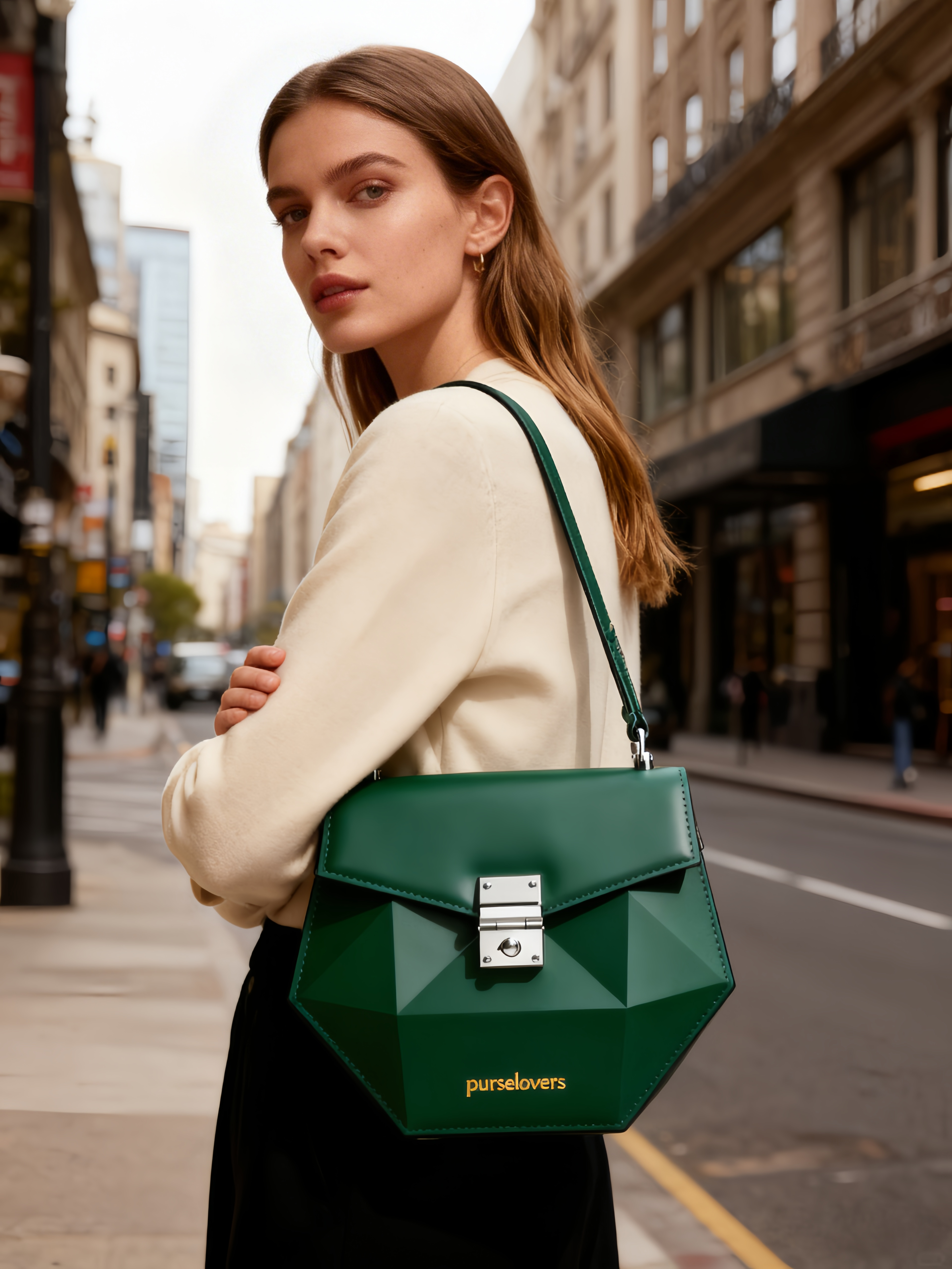 Purselovers Dark Green Geometric Cutout Gold Logo Handbag