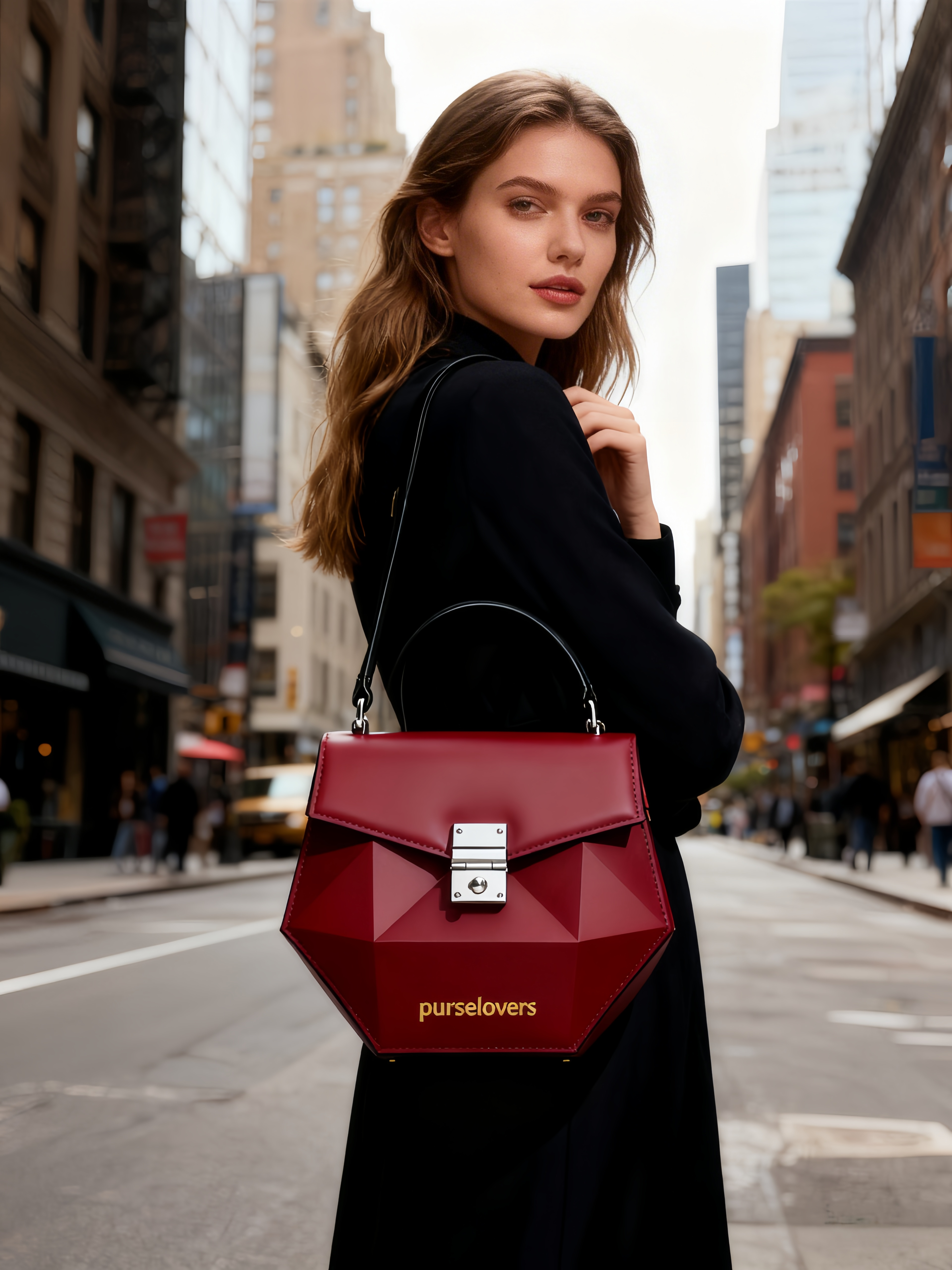 Purselovers Dark Red Quilted Diamond Pattern Shoulder Bag with Gold Logo