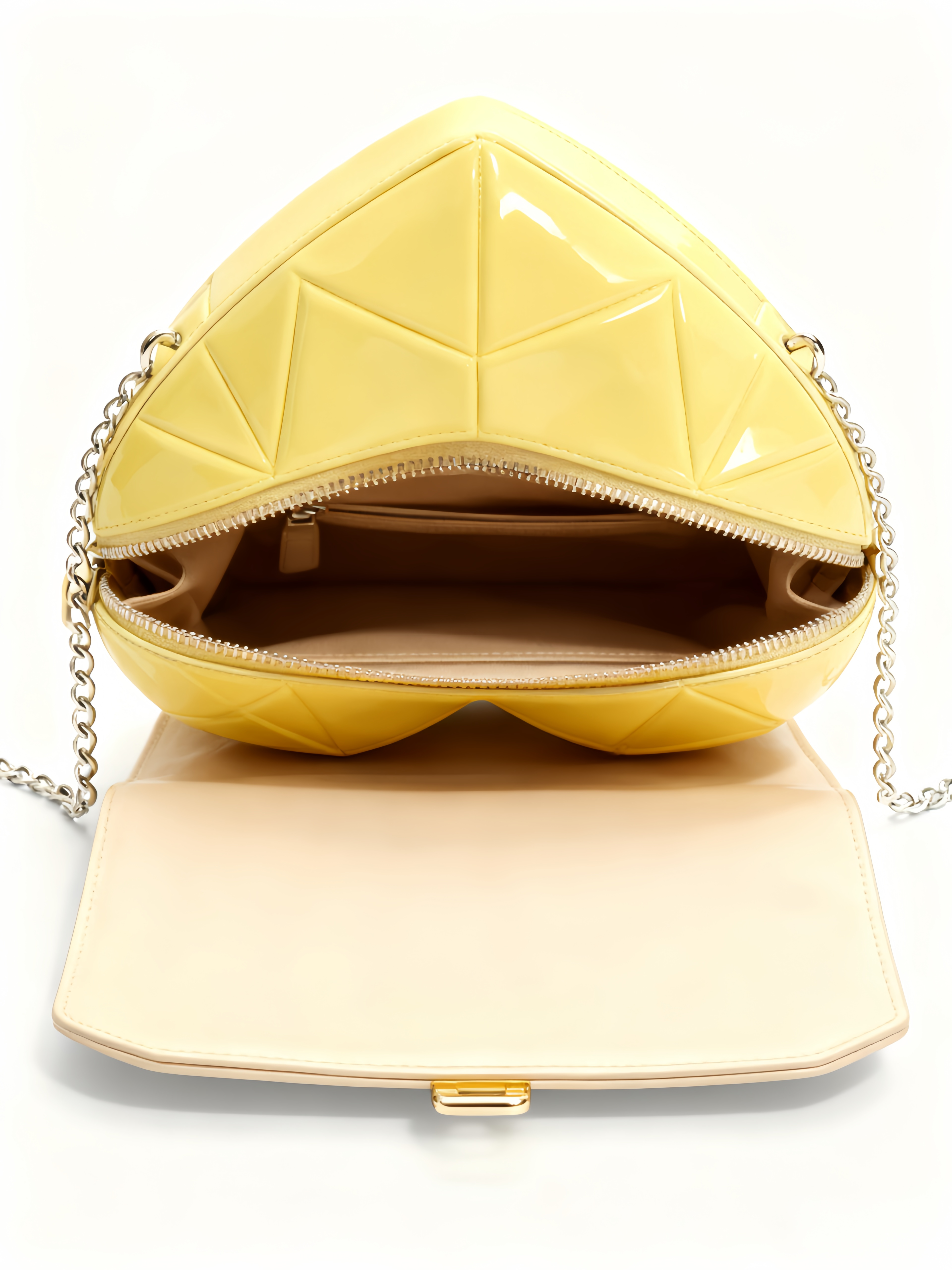 Purselovers Light Yellow Mirrored Heart-Shaped Bag with Gold Chain Strap