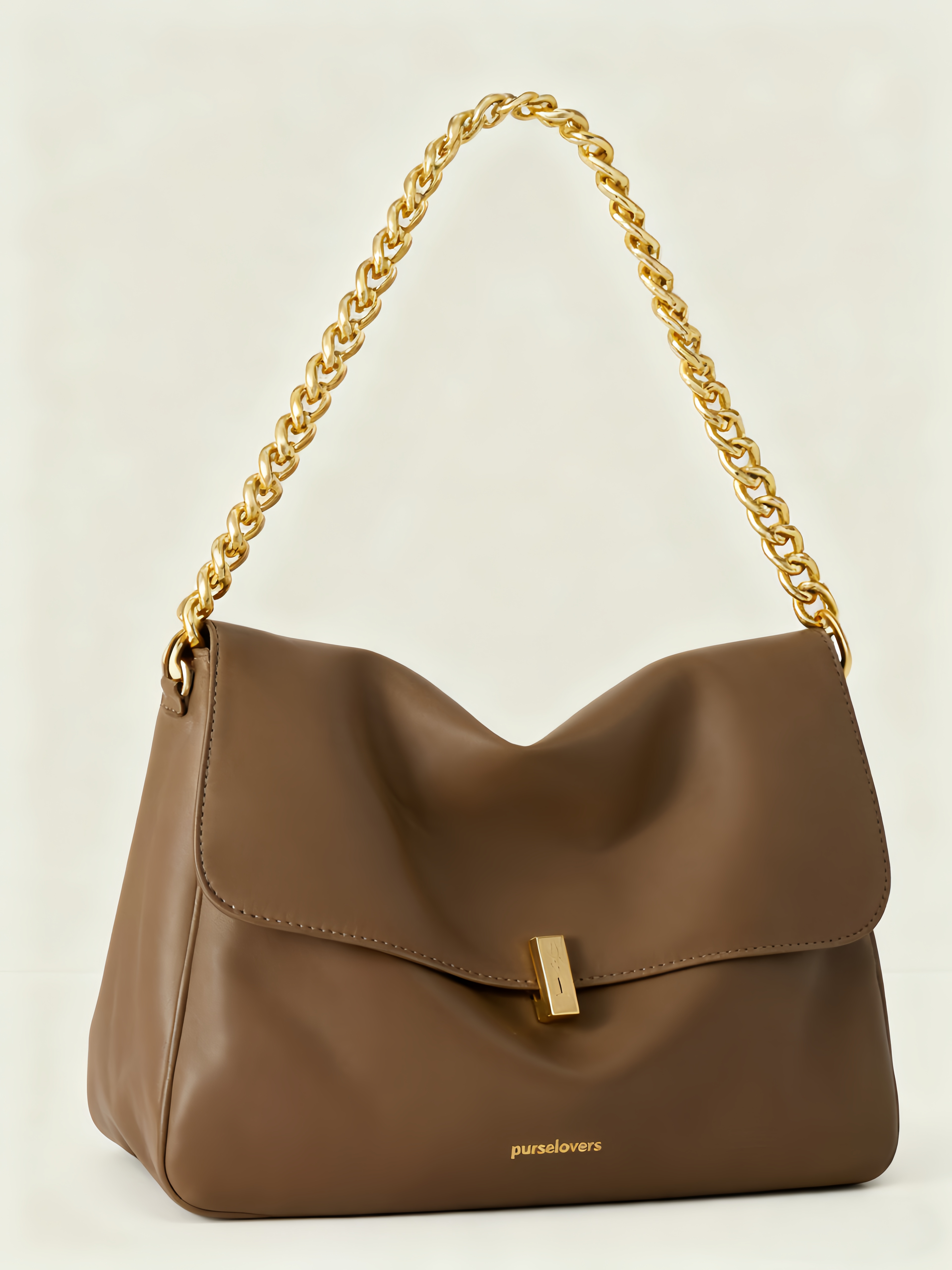 Purselovers Vintage Brown Soft Leather Shoulder Bag with Gold Chain