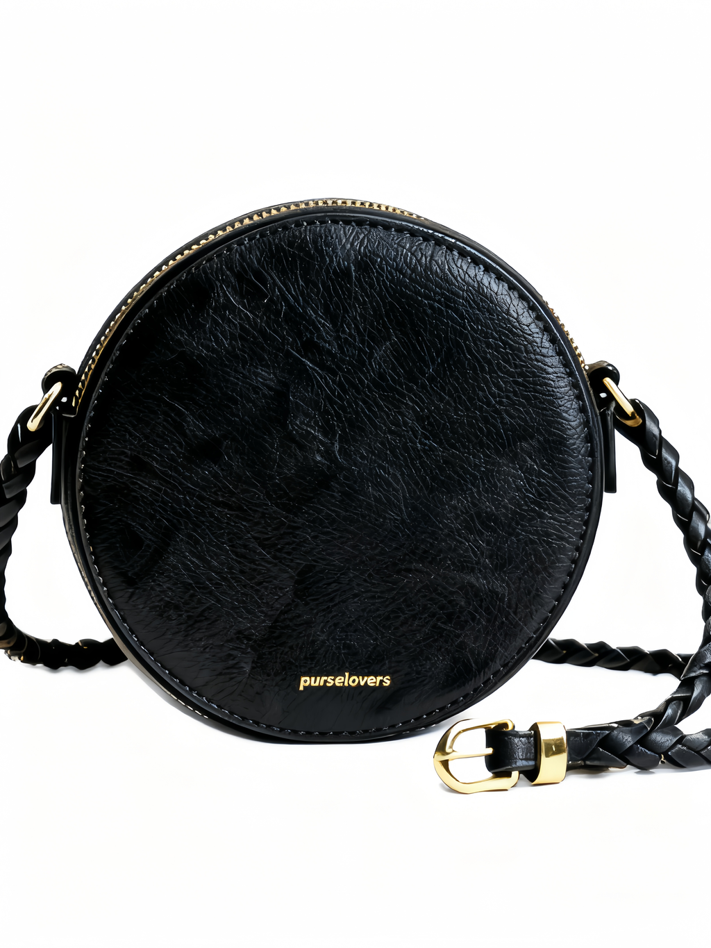 Purselovers Classic Black Retro Round Disc Gold Label Crossbody Bag