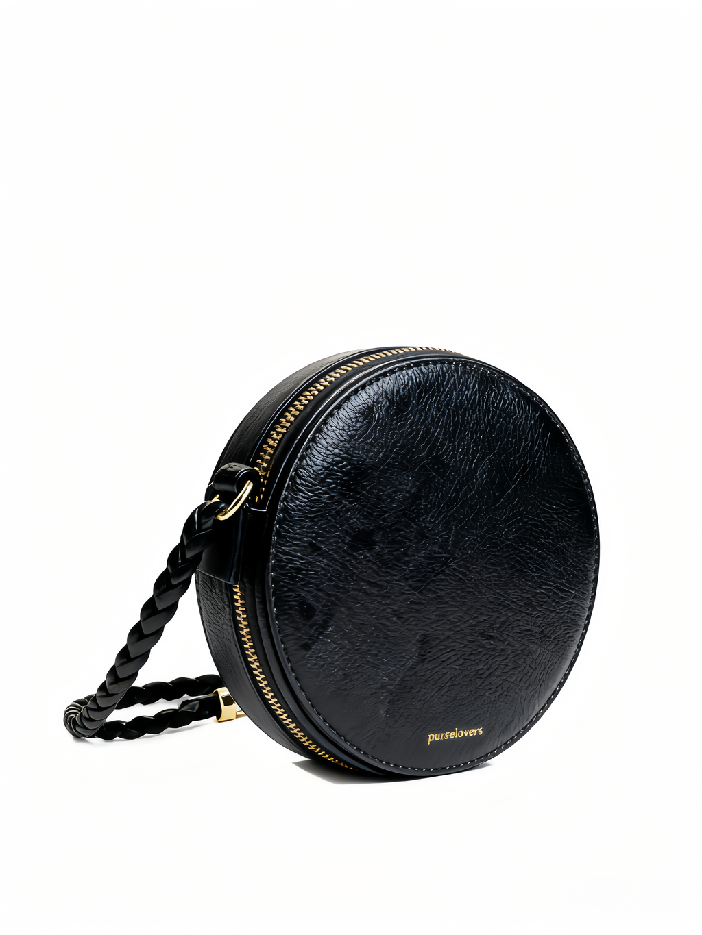 Purselovers Classic Black Retro Round Disc Gold Label Crossbody Bag