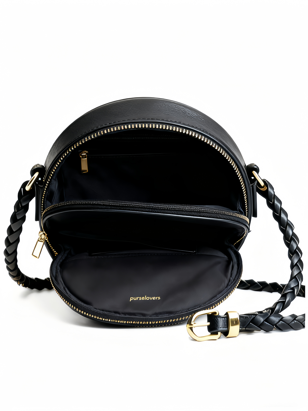 Purselovers Classic Black Retro Round Disc Gold Label Crossbody Bag