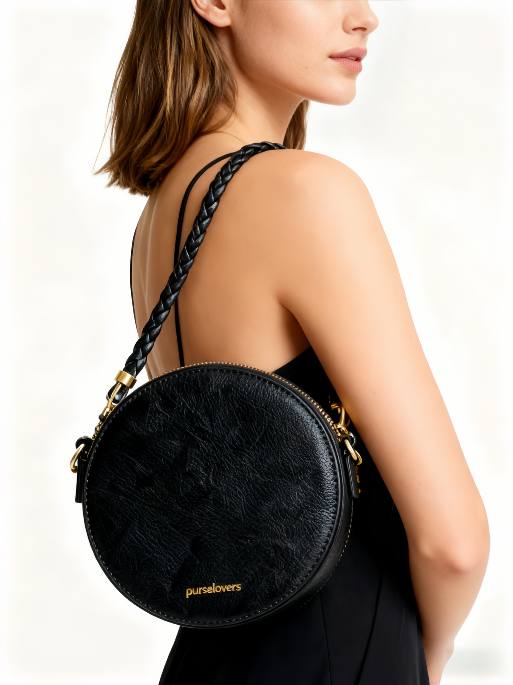 Purselovers Classic Black Retro Round Disc Gold Label Crossbody Bag