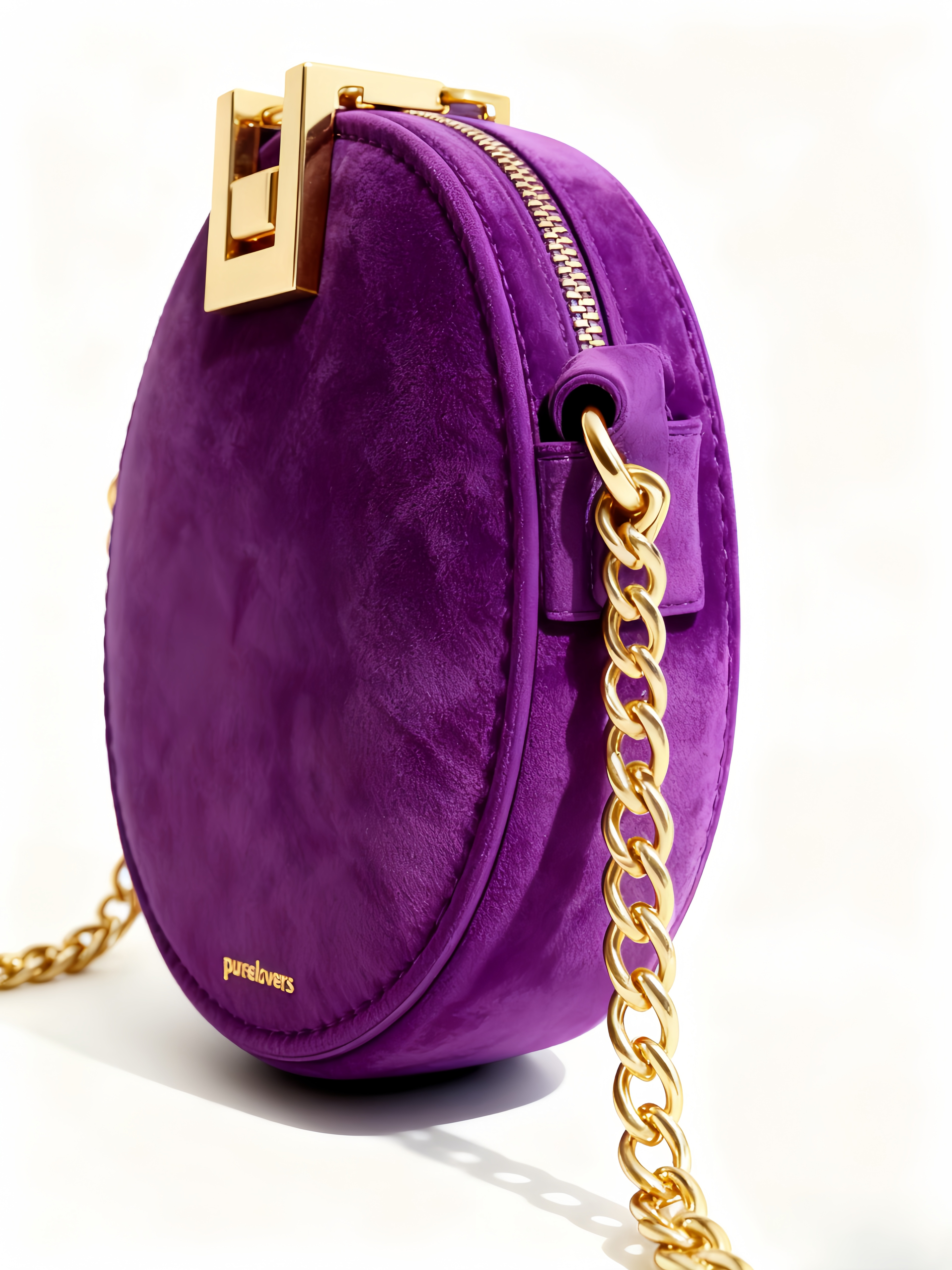Purselovers Deep Purple Velvet Round Bag with Gold Label Chain