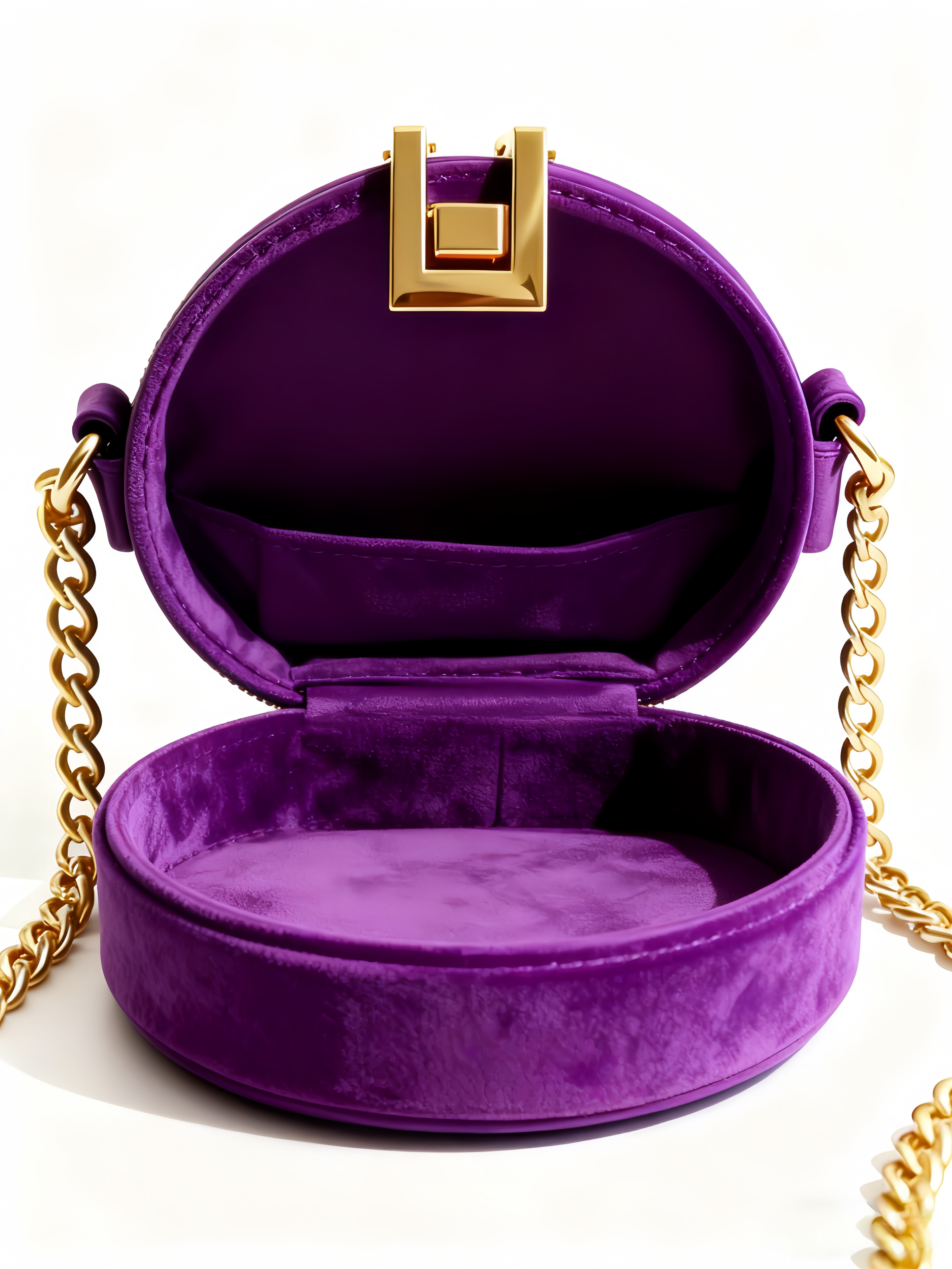 Purselovers Deep Purple Velvet Round Bag with Gold Label Chain