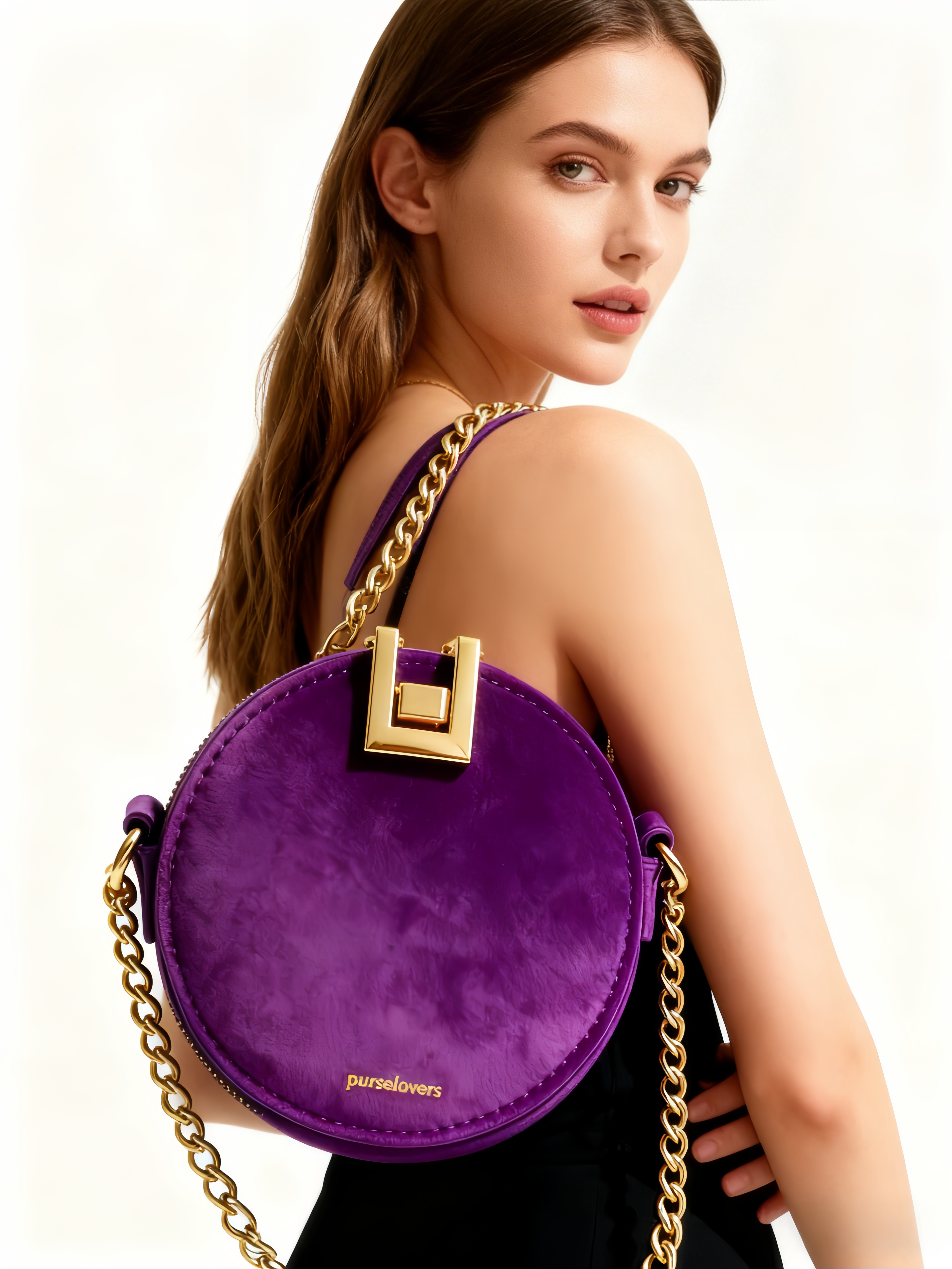 Purselovers Deep Purple Velvet Round Bag with Gold Label Chain