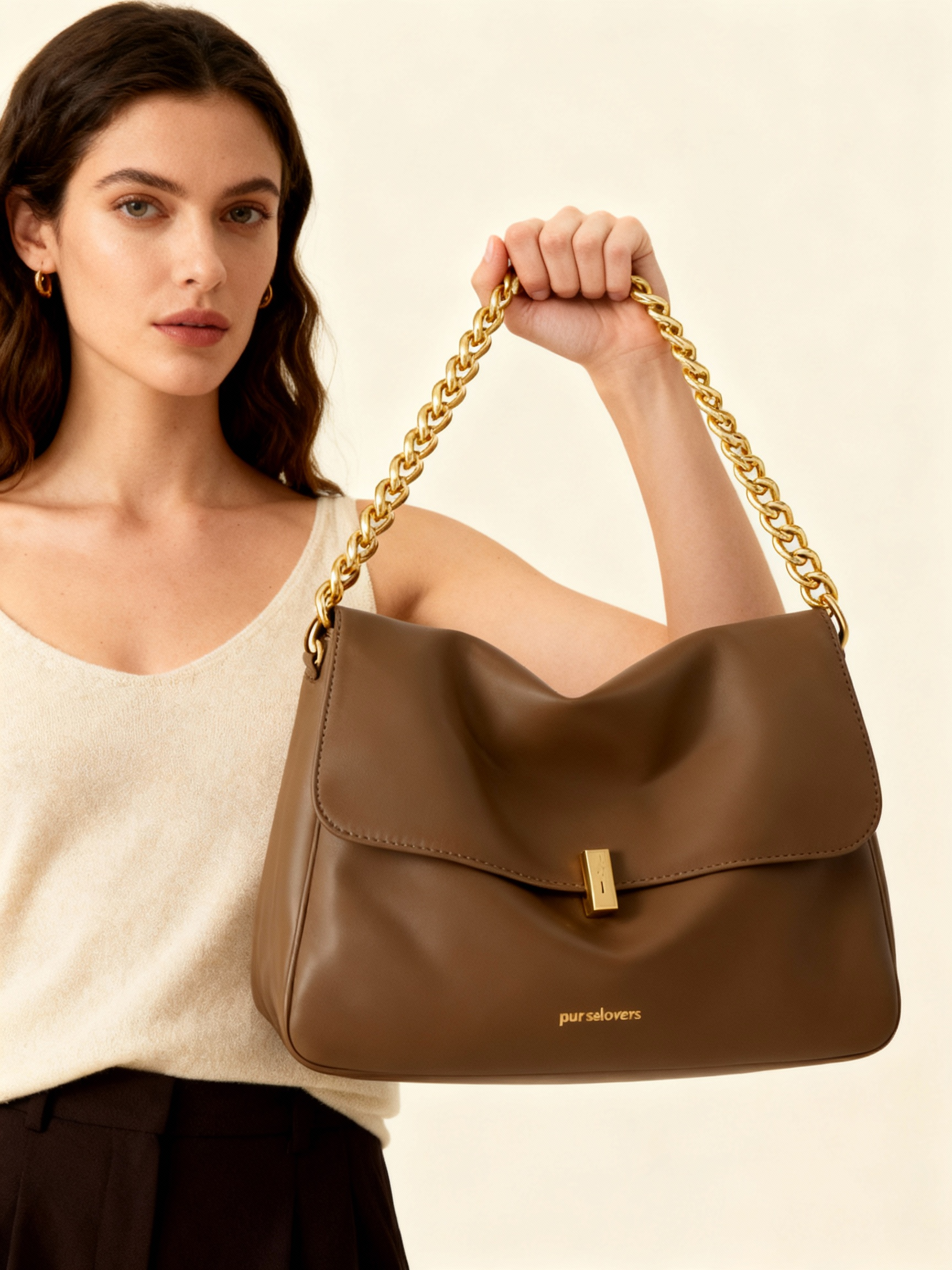 Purselovers Vintage Brown Soft Leather Shoulder Bag with Gold Chain