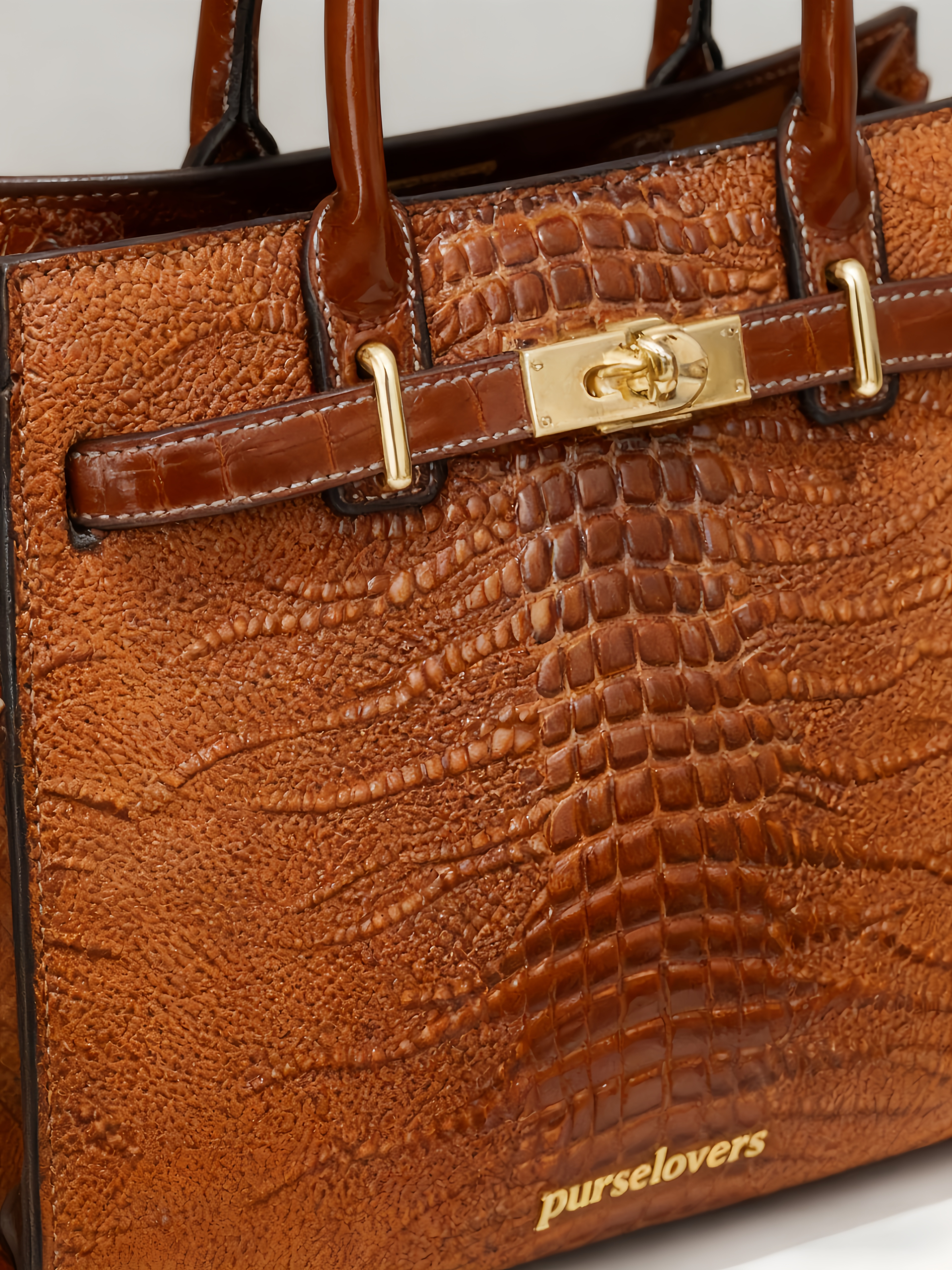 Purselovers Caramel Brown Crocodile Pattern Gold Label Handbag