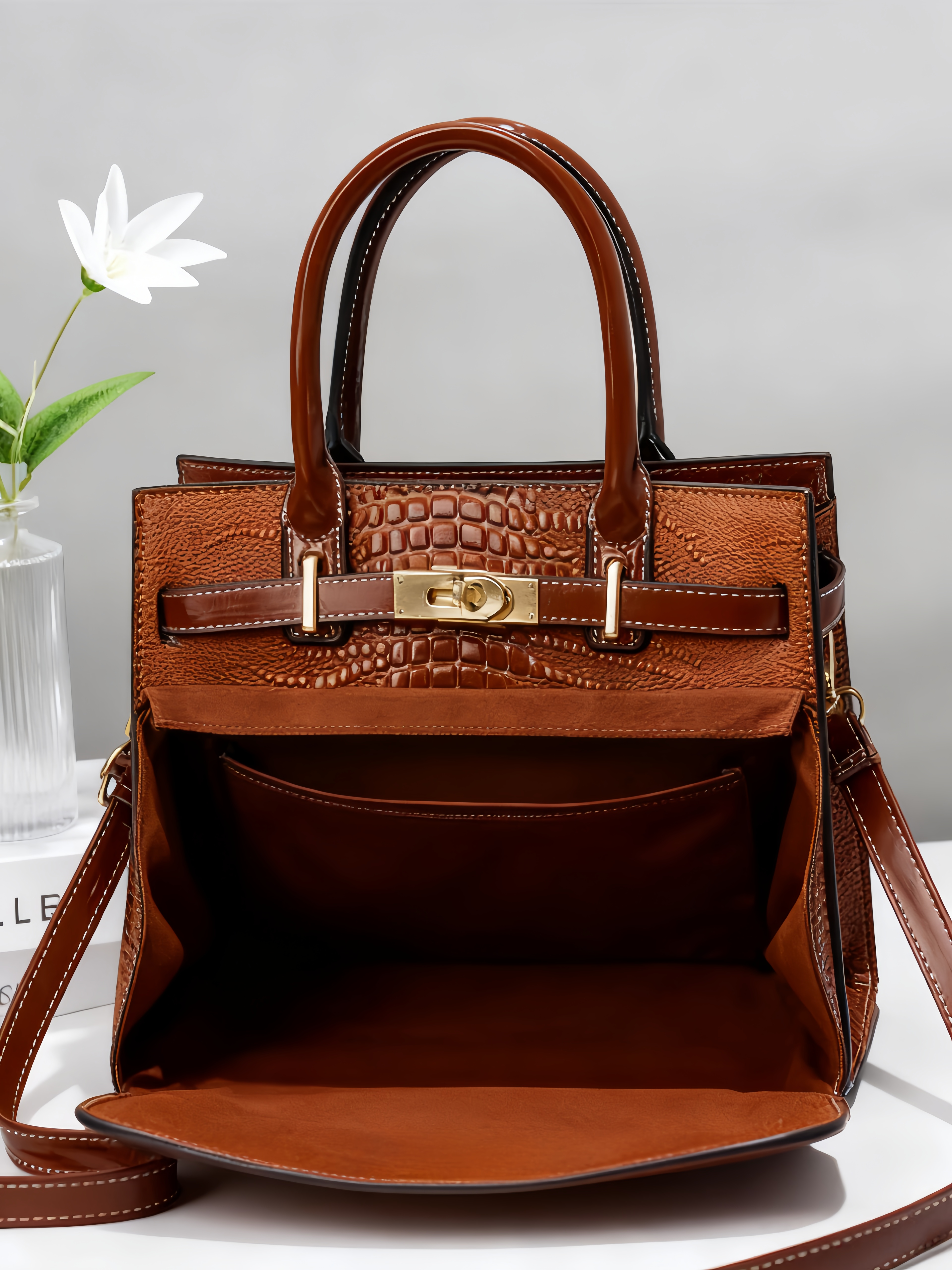 Purselovers Caramel Brown Crocodile Pattern Gold Label Handbag
