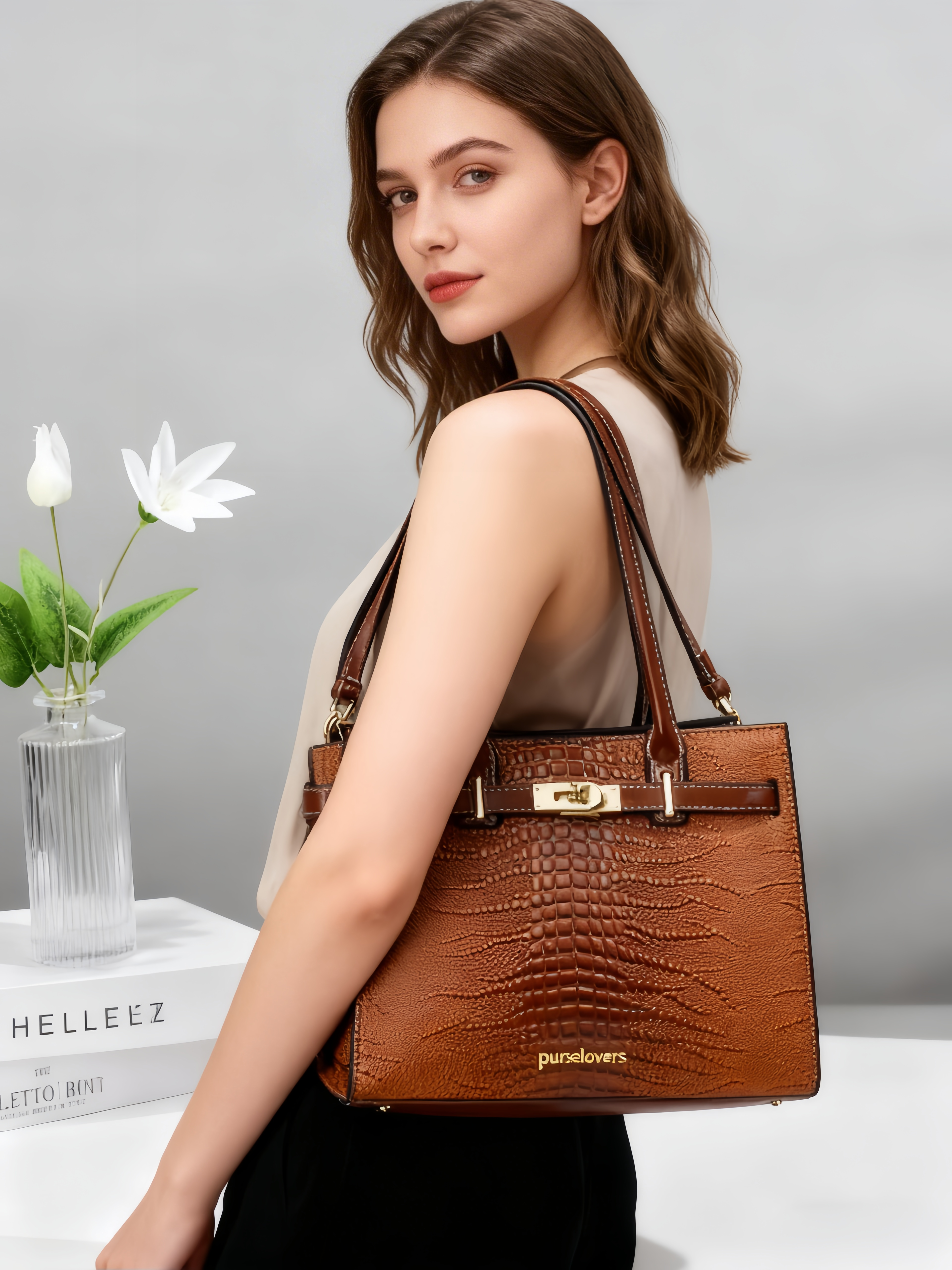 Purselovers Caramel Brown Crocodile Pattern Gold Label Handbag