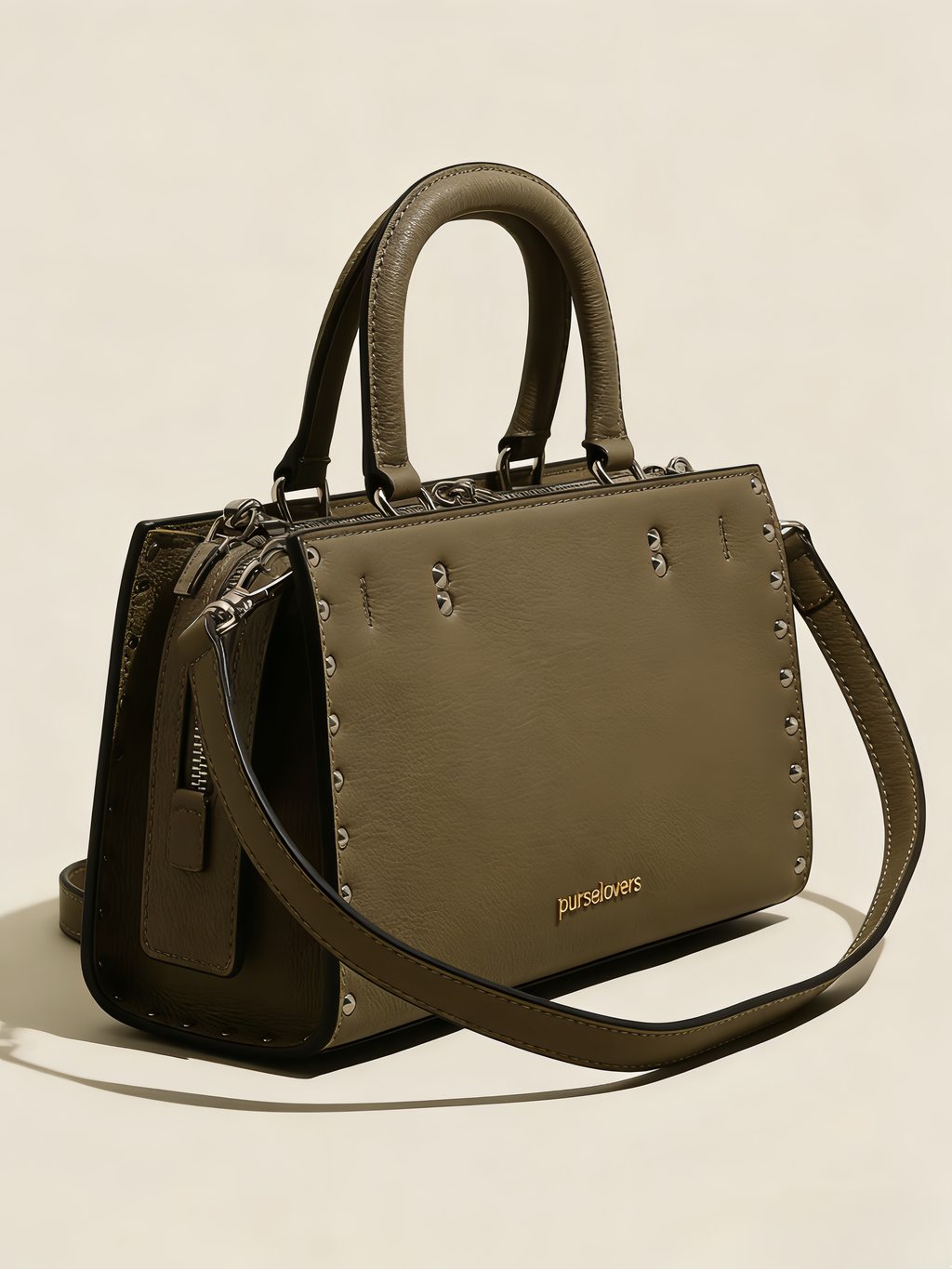 Purselovers Olive Green Studded Gold Label Boston Bag