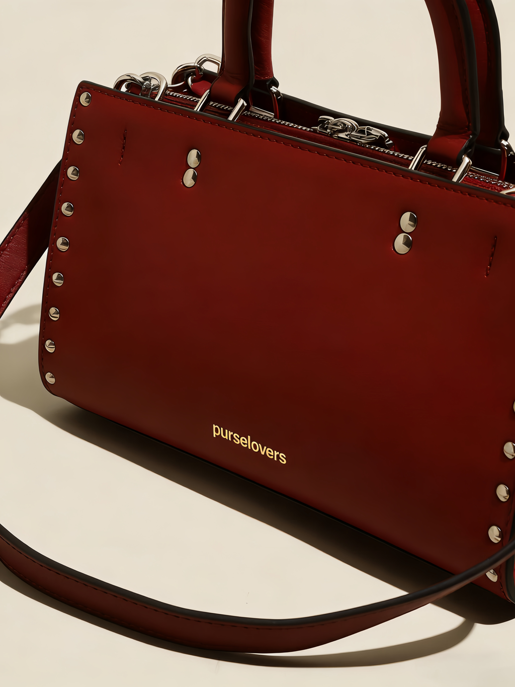 Purselovers Burgundy Studded Handbag with Gold Logo