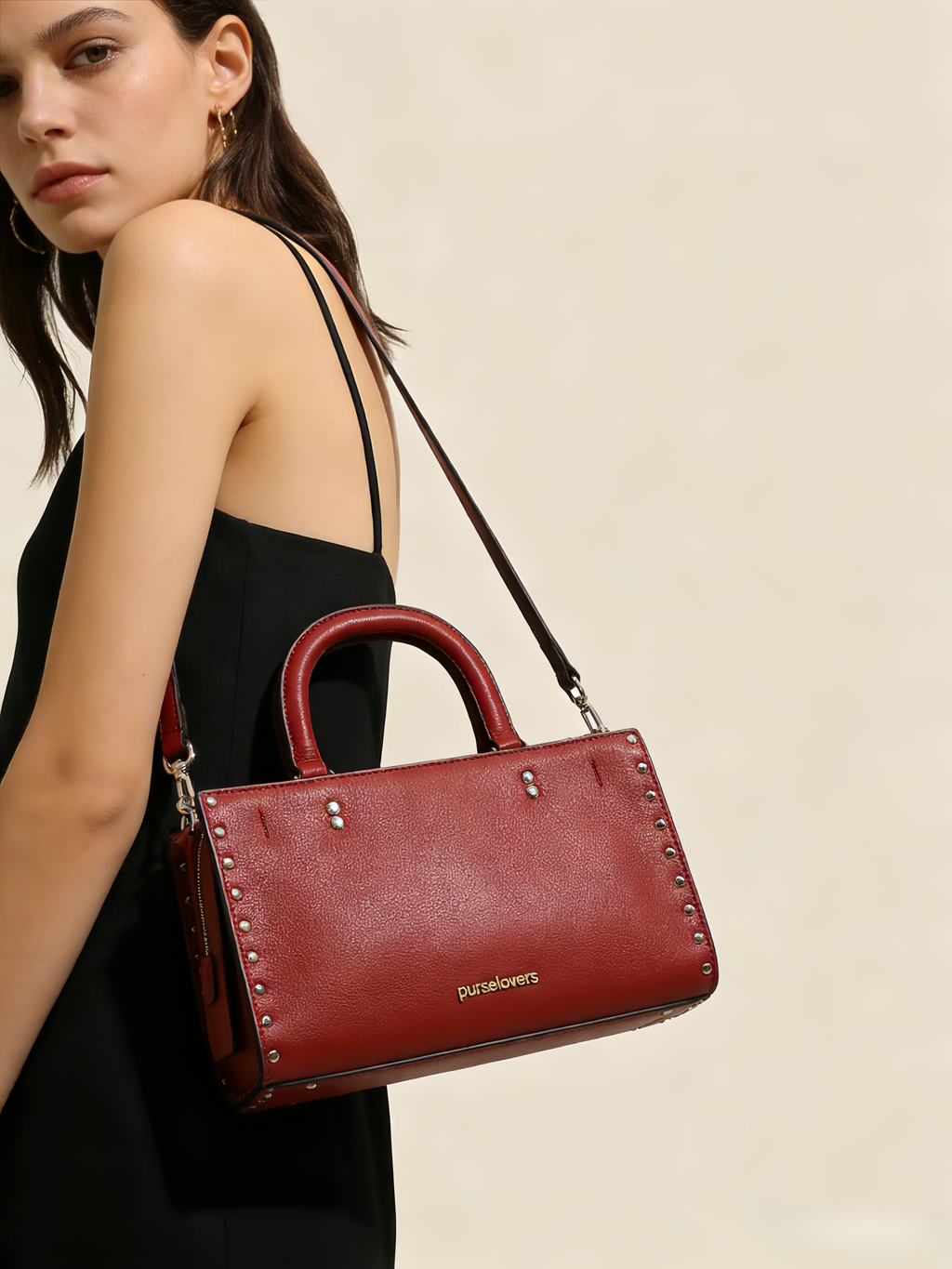 Purselovers Burgundy Studded Handbag with Gold Logo