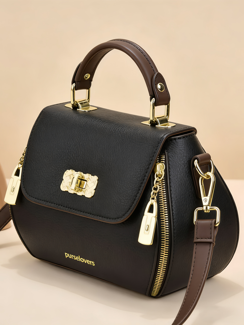 Purselovers Black and Gold Lychee Pattern Handbag with Gold Label