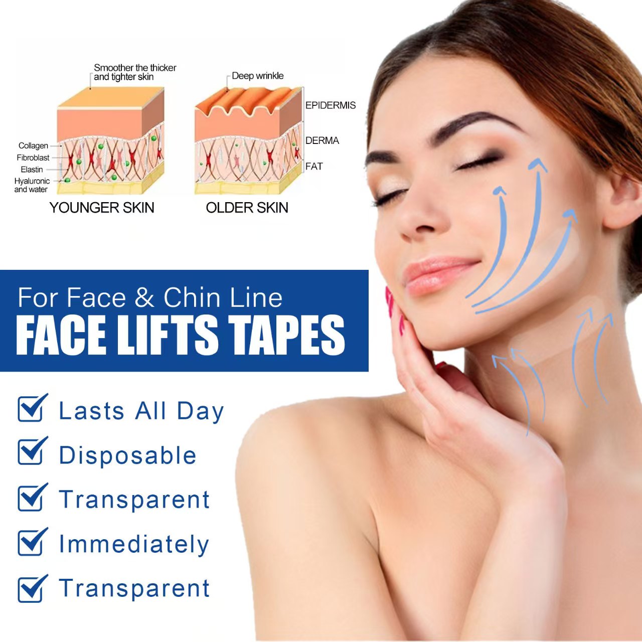 40 Pcs Face Tape Lifting Invisible Patch for Wrinkles, Jowls, Double Chin, Neck, Eye, Waterproof High Elasticity V Shape Lift Tape Stickers, Instant Makeup Bands