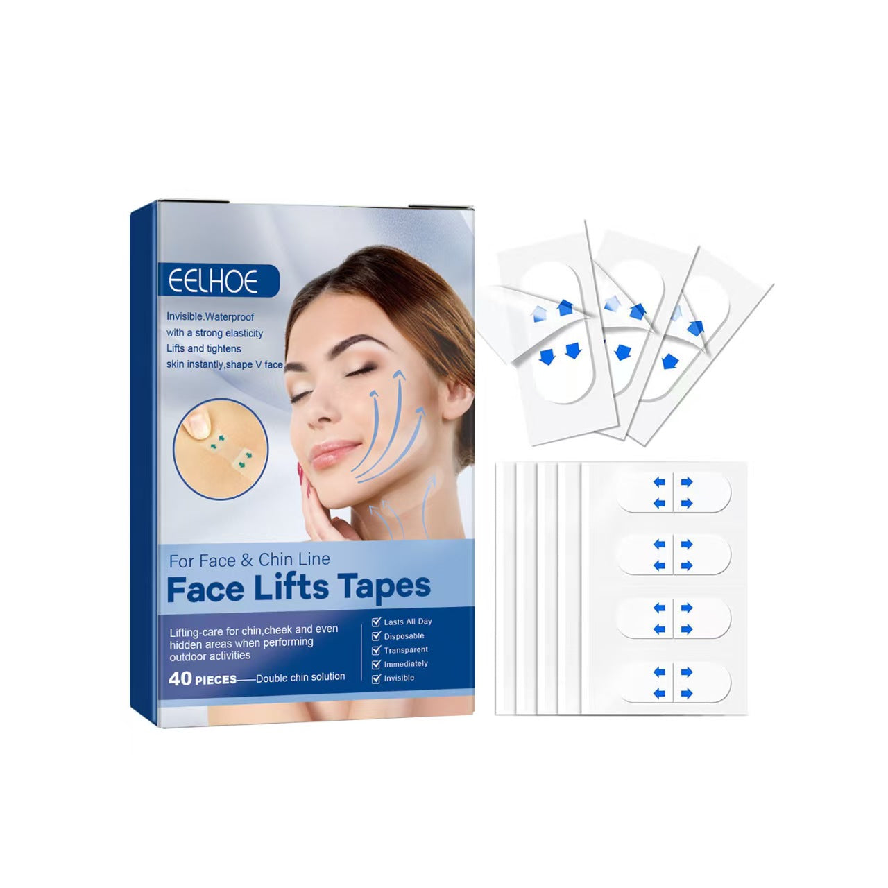 40 Pcs Face Tape Lifting Invisible Patch for Wrinkles, Jowls, Double Chin, Neck, Eye, Waterproof High Elasticity V Shape Lift Tape Stickers, Instant Makeup Bands