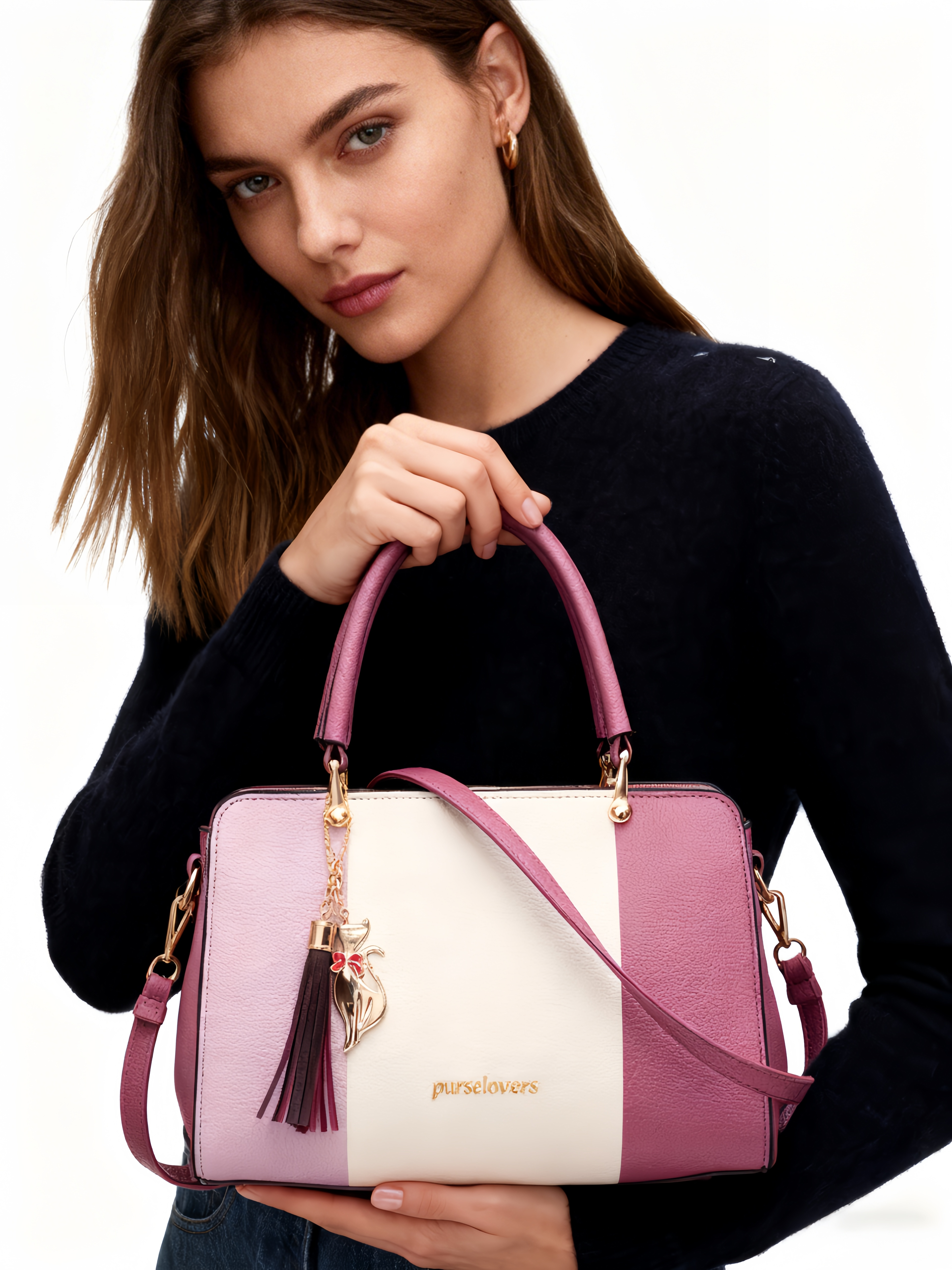 Purselovers Pink and White Color-Blocked Tassel Handbag