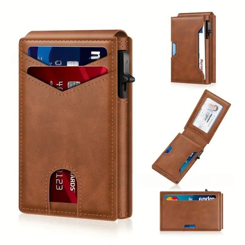 With Pop Up Aluminum Case Slim Leather Slots Credit Card Holder RFID Blocking Bifold Minimalist Wallet