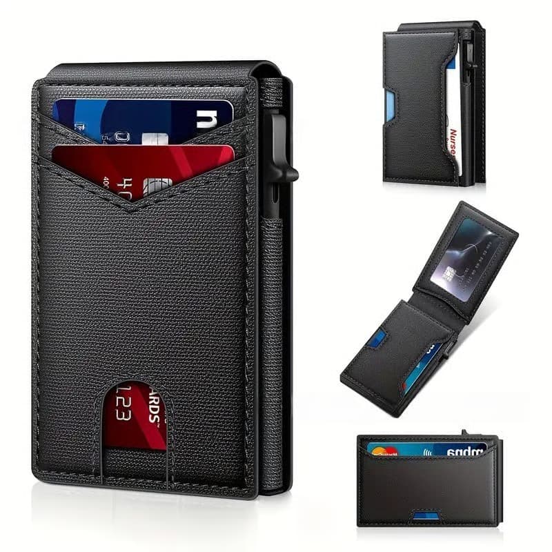 With Pop Up Aluminum Case Slim Leather Slots Credit Card Holder RFID Blocking Bifold Minimalist Wallet