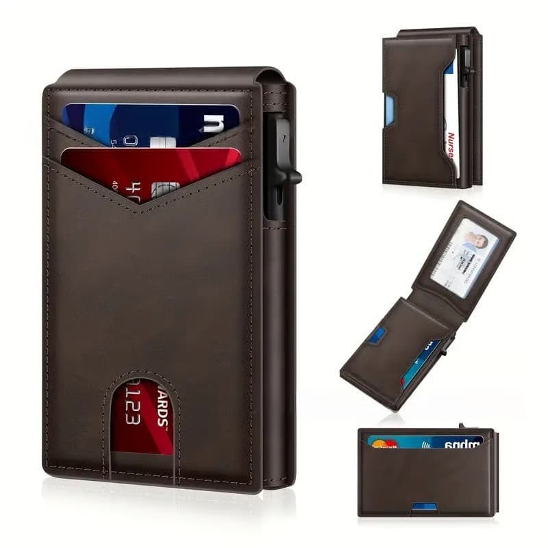 With Pop Up Aluminum Case Slim Leather Slots Credit Card Holder RFID Blocking Bifold Minimalist Wallet