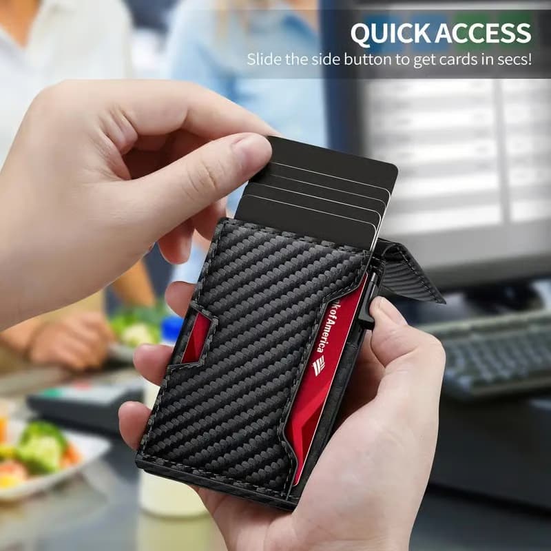 With Pop Up Aluminum Case Slim Leather Slots Credit Card Holder RFID Blocking Bifold Minimalist Wallet