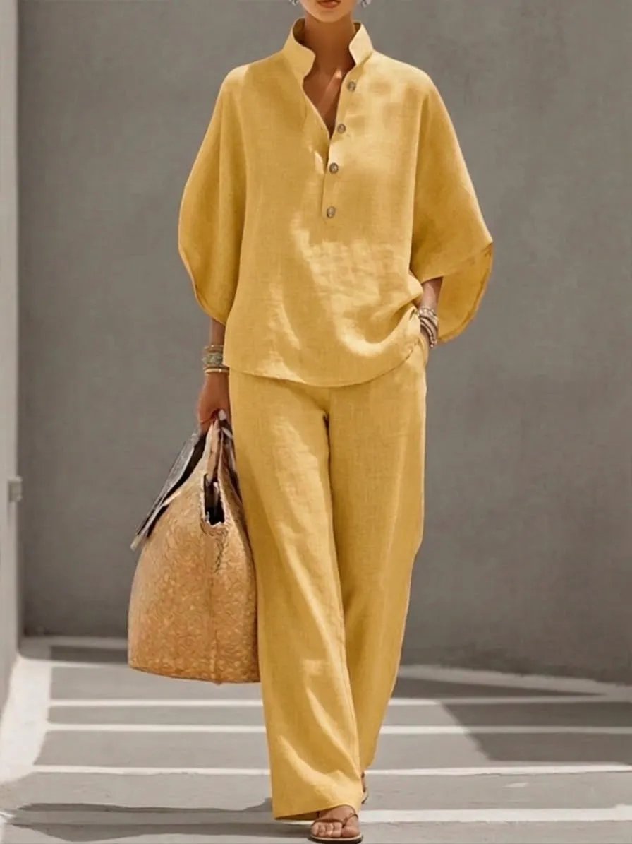 🔥 🔥Women's Batwing Sleeve Two-Piece Set – Casual Shirt & Wide Leg Pants Outfit