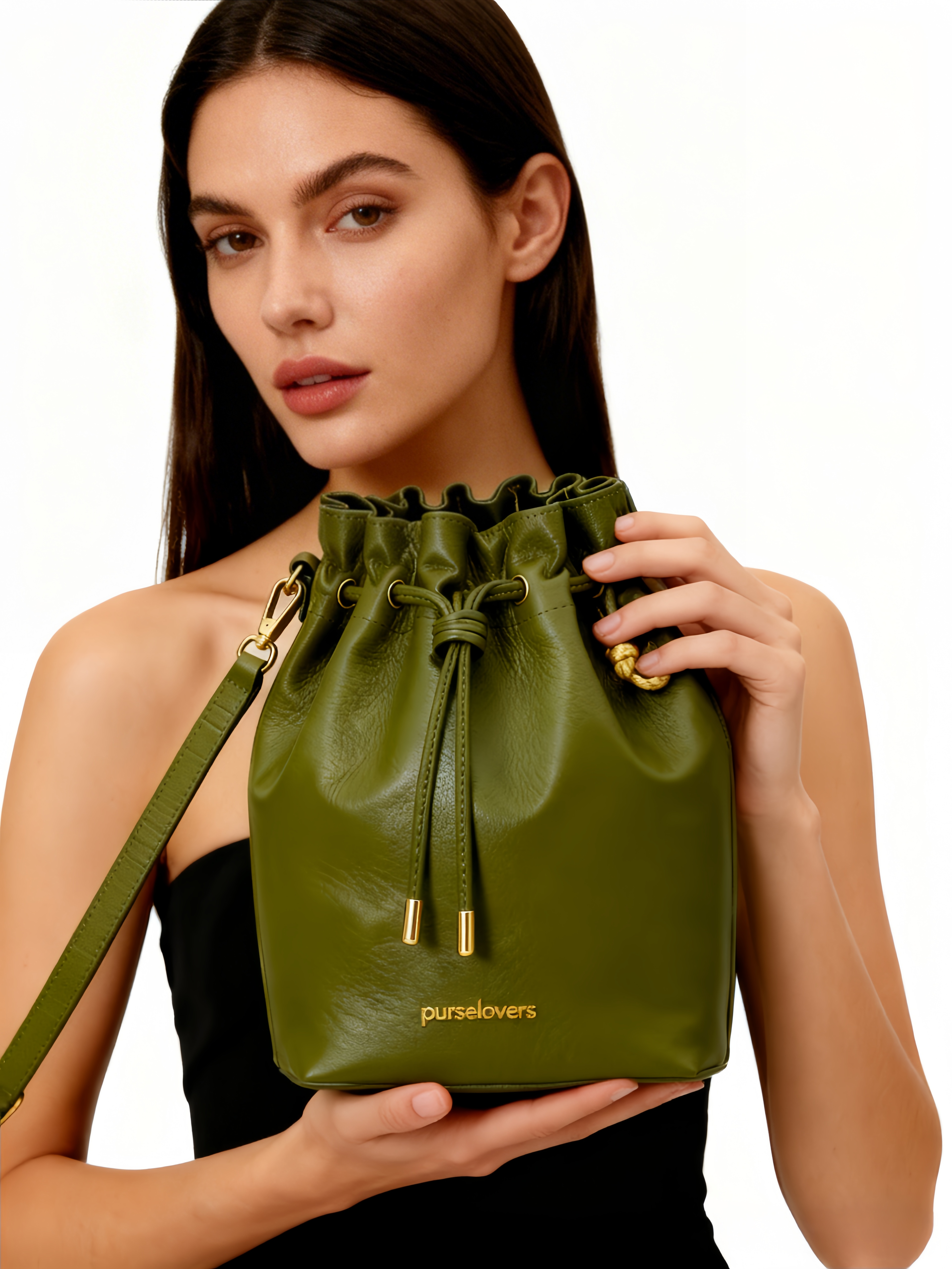 Purselovers Olive Green Vintage Drawstring Bucket Bag