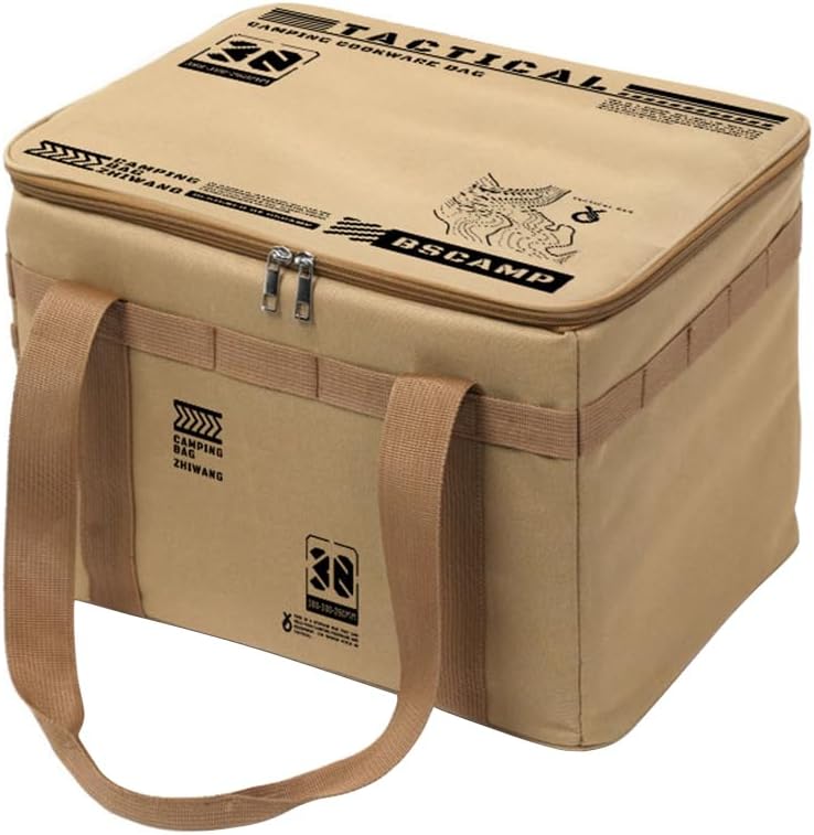30L Collapsible Outdoor Storage Bin, Oxford Fabric Camping Storage Box, Large Capacity Tactical Gear Organizer for Picnic, Hiking, Camping, Kitchen Utensils & Travel Accessories, Khaki