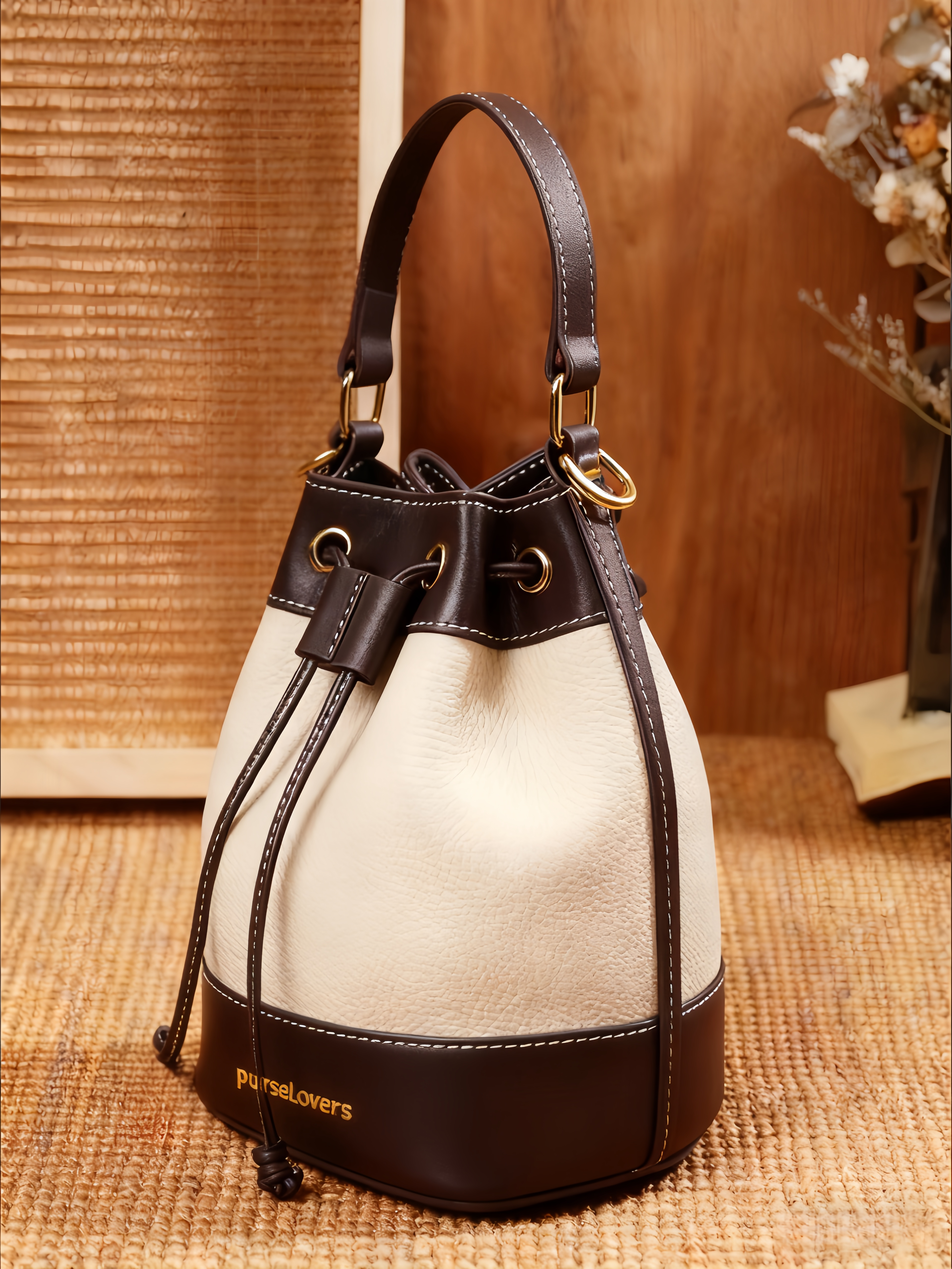Purselovers Off-white and Dark Brown Color-Blocked Drawstring Bucket Bag