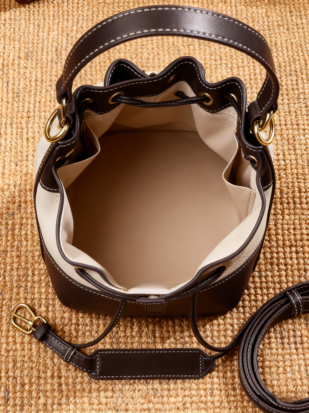 Purselovers Off-white and Dark Brown Color-Blocked Drawstring Bucket Bag