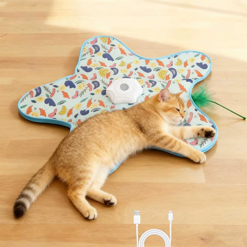 Rechargeable Automatic Cat Toy, 3-Mode Touch-Activated Interactive Toy with Random Motion, Concealed Feather & Squeaky Sound for Indoor Cats & Kittens (Blue)