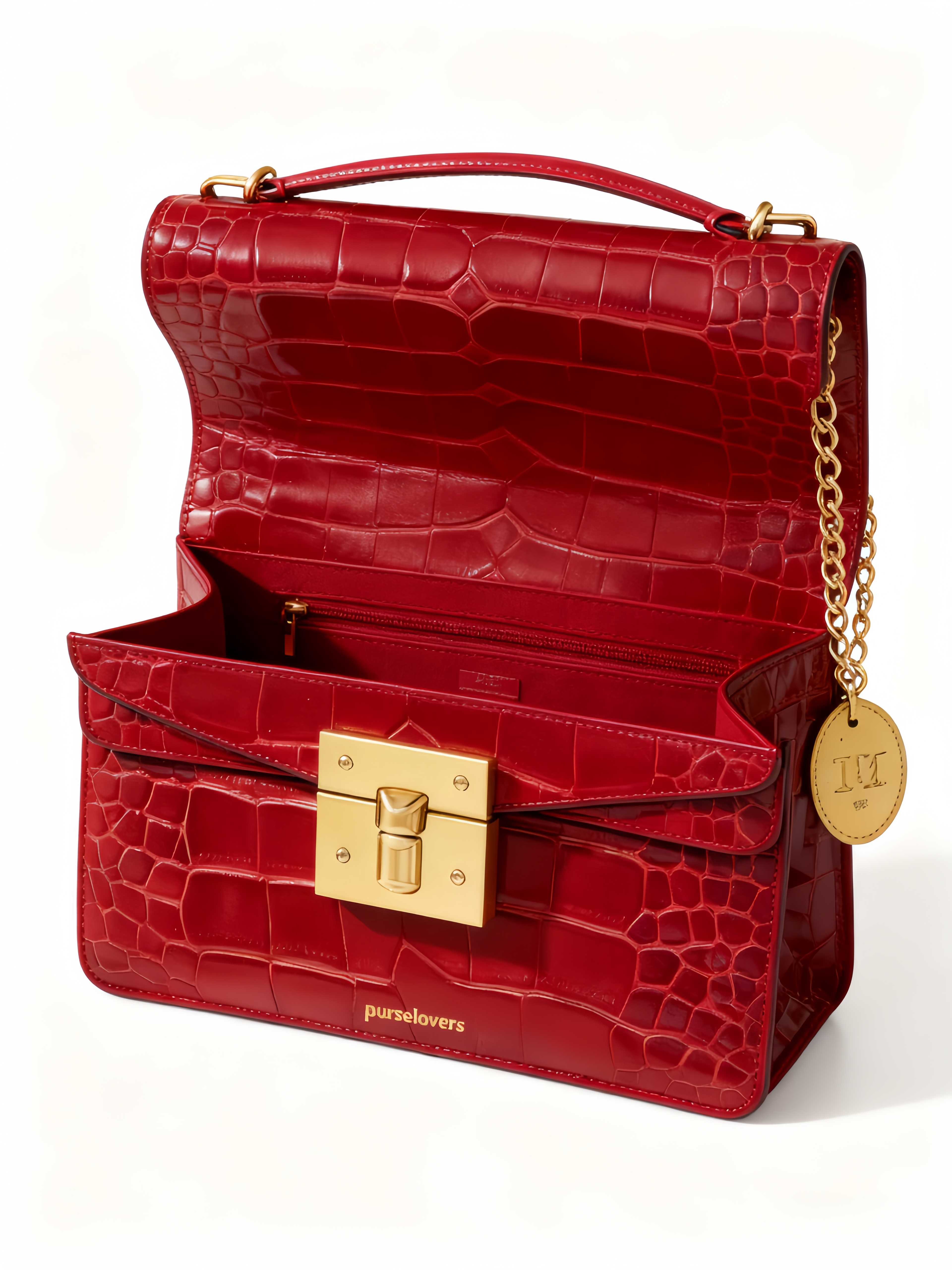 Purselovers Vintage Red Crocodile Pattern Crossbody Bag with Gold Buckle