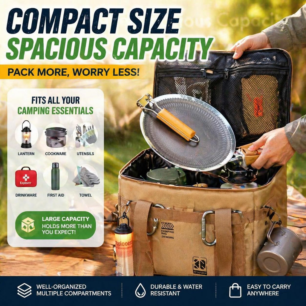 30L Collapsible Outdoor Storage Bin, Oxford Fabric Camping Storage Box, Large Capacity Tactical Gear Organizer for Picnic, Hiking, Camping, Kitchen Utensils & Travel Accessories, Khaki