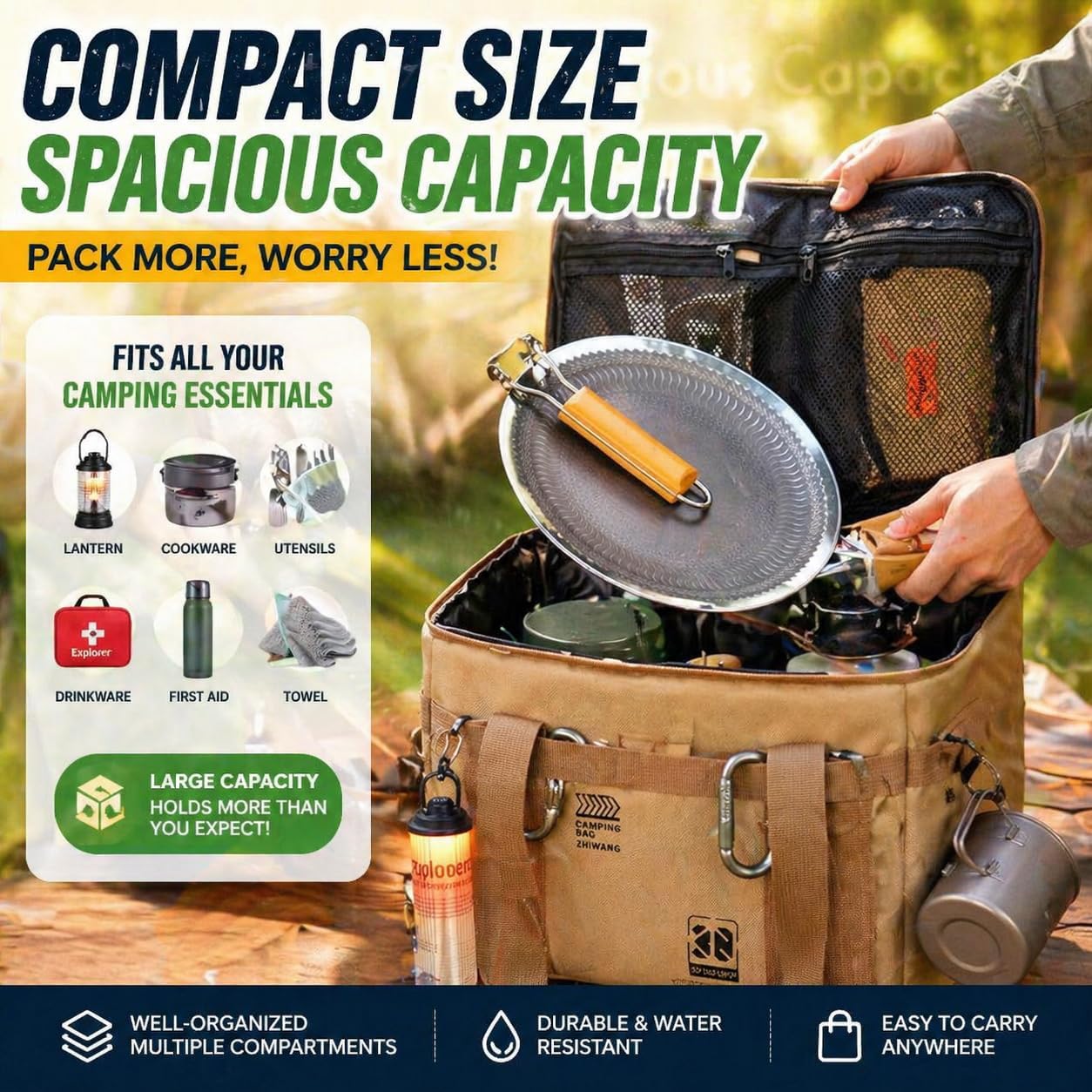 30L Collapsible Outdoor Storage Bin, Oxford Fabric Camping Storage Box, Large Capacity Tactical Gear Organizer for Picnic, Hiking, Camping, Kitchen Utensils & Travel Accessories, Khaki