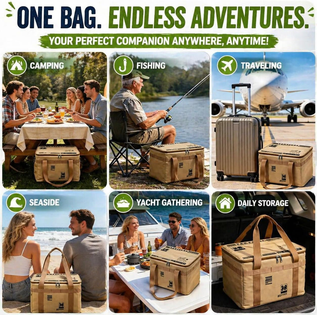 30L Collapsible Outdoor Storage Bin, Oxford Fabric Camping Storage Box, Large Capacity Tactical Gear Organizer for Picnic, Hiking, Camping, Kitchen Utensils & Travel Accessories, Khaki