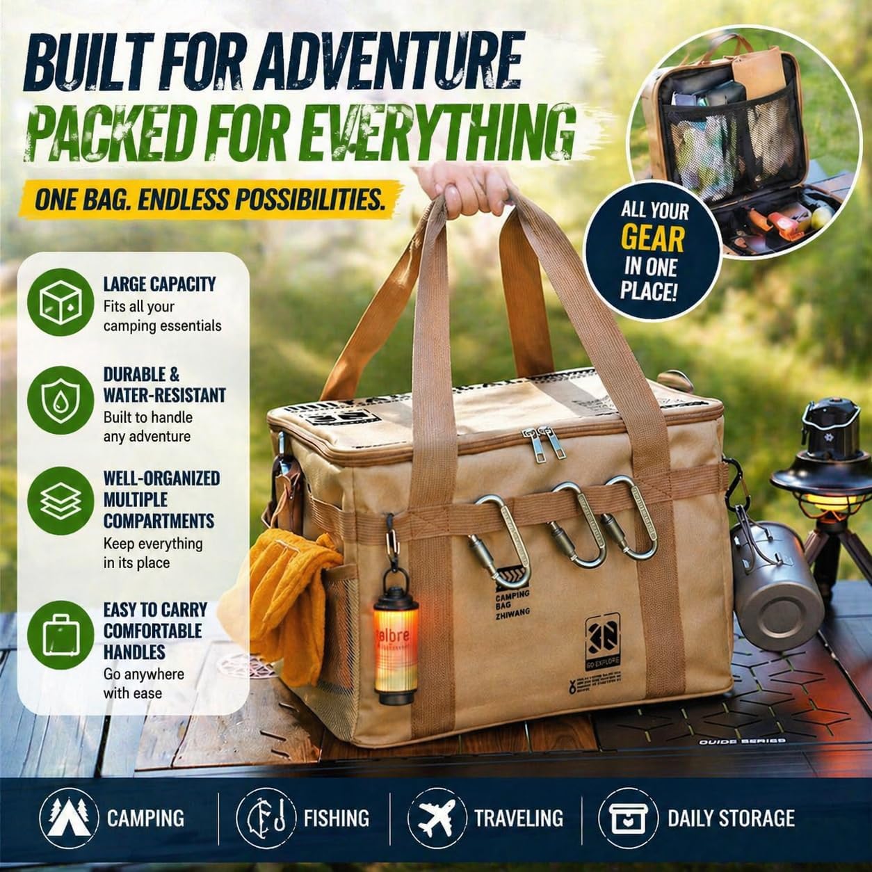30L Collapsible Outdoor Storage Bin, Oxford Fabric Camping Storage Box, Large Capacity Tactical Gear Organizer for Picnic, Hiking, Camping, Kitchen Utensils & Travel Accessories, Khaki