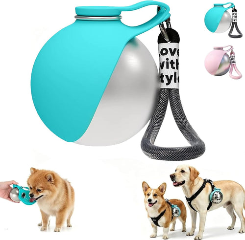 2 in 1 Portable Tumbler for Dogs, Portable Dog Water Ball, 10oz Stainless Steel Pet Water Dispenser with Silicone Foldable Bowl, Leak Proof, Portable Small Dog Water Bottle for Walking, Hiking(Pink)