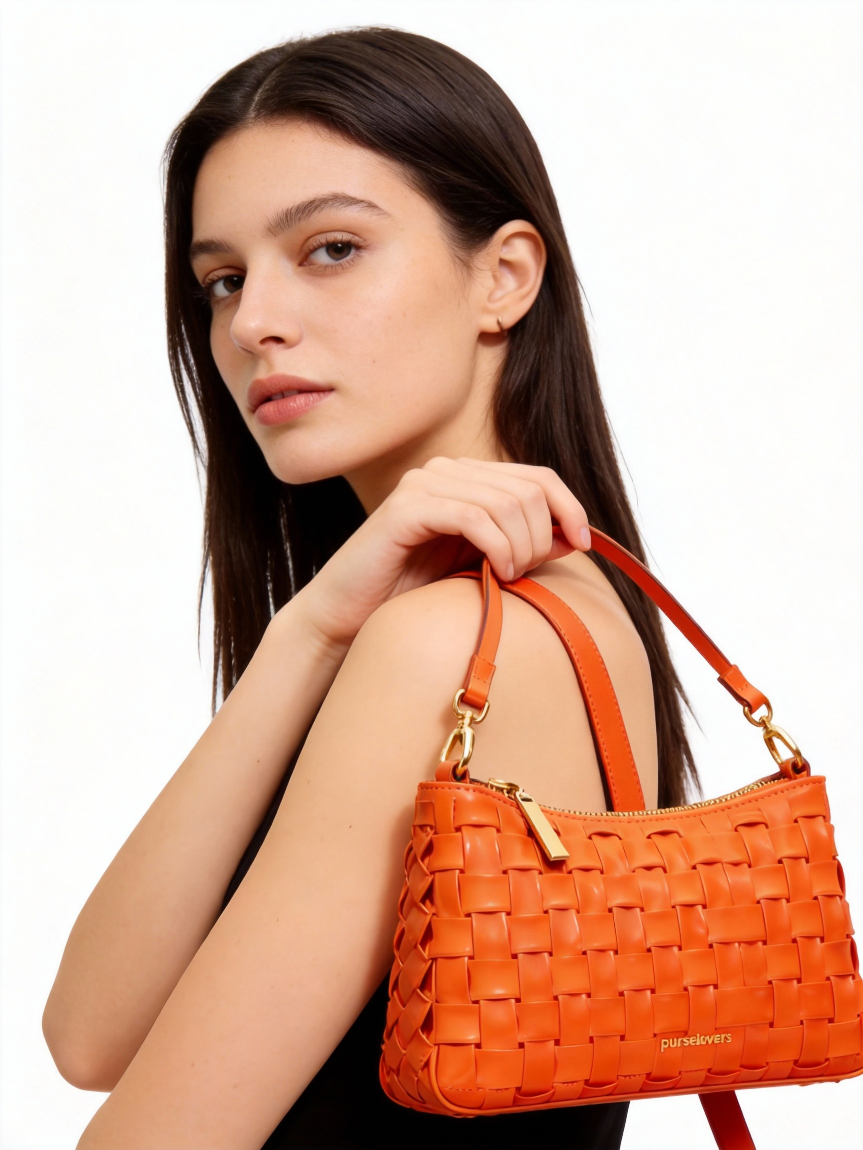 Purselovers Warm Orange Woven Shoulder Bag with Gold Logo