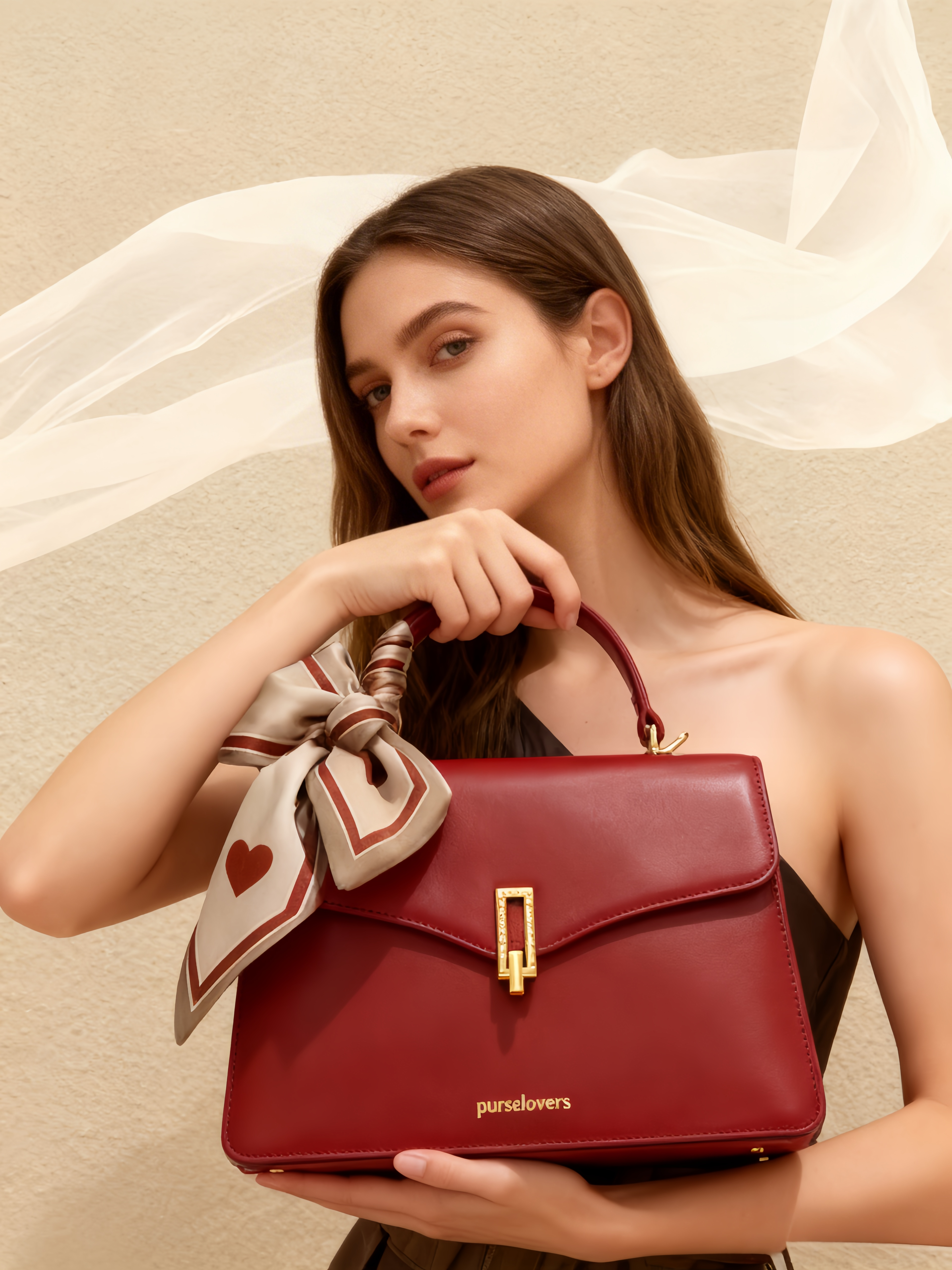 Purselovers Burgundy Satin Ribbon Gold Label Small Square Bag