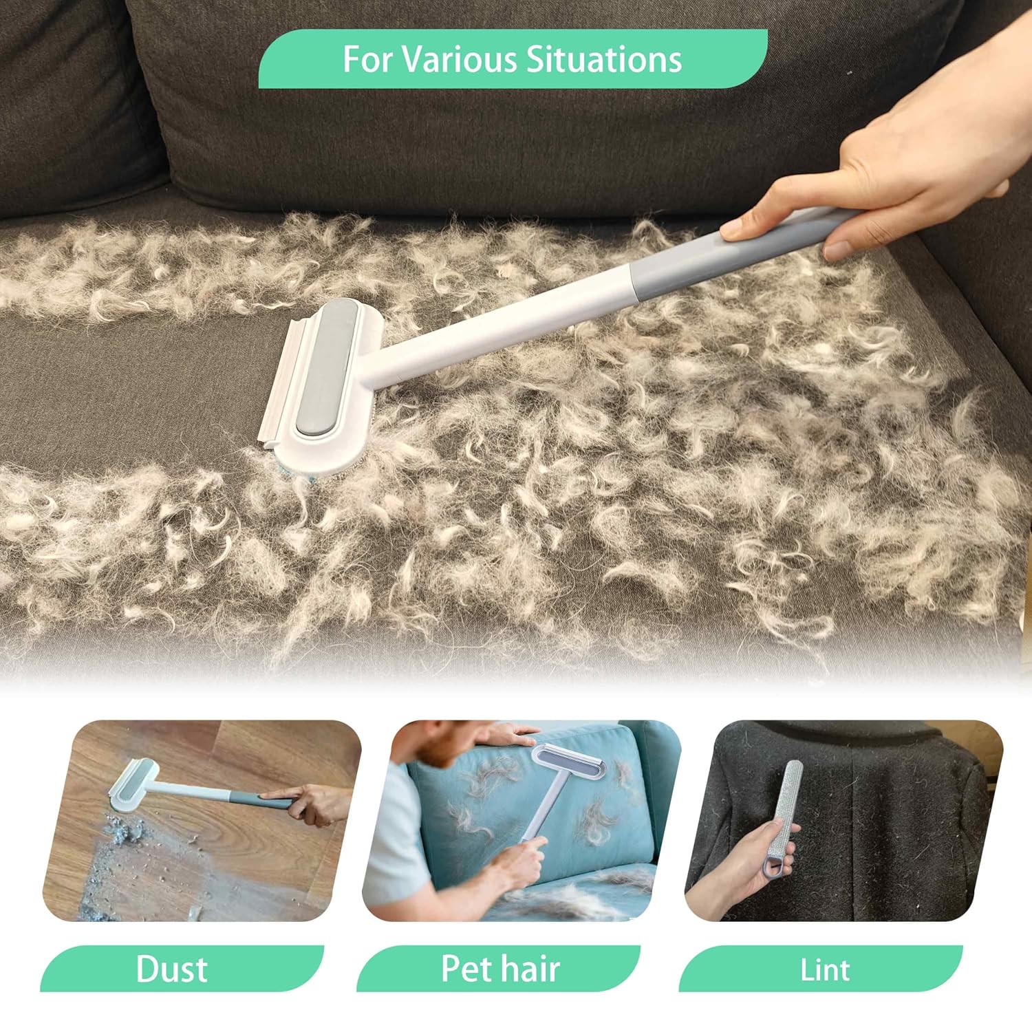 Pet Hair Remover for Furniture & Couch – 17.3 Inch Reusable Dog & Cat Hair Brush, Washable Lint Cleaner for Carpet, Clothes & Bedding, 4-in-1 Multifunctional Fur Removal Tool with Long Handle