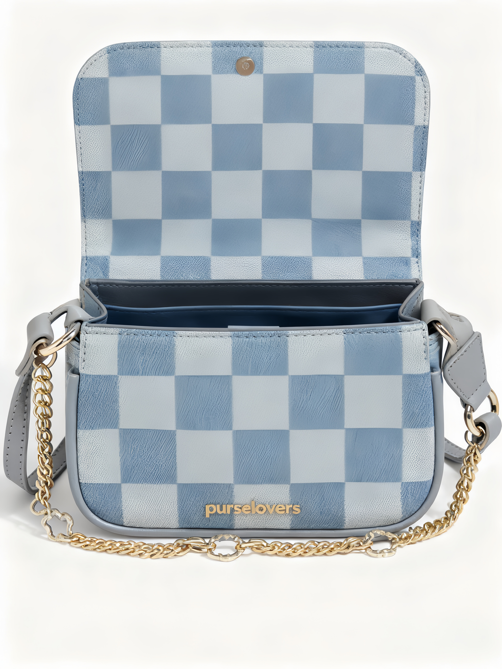 Purselovers Light Blue Checkered Pattern Chain Bag with Gold Logo