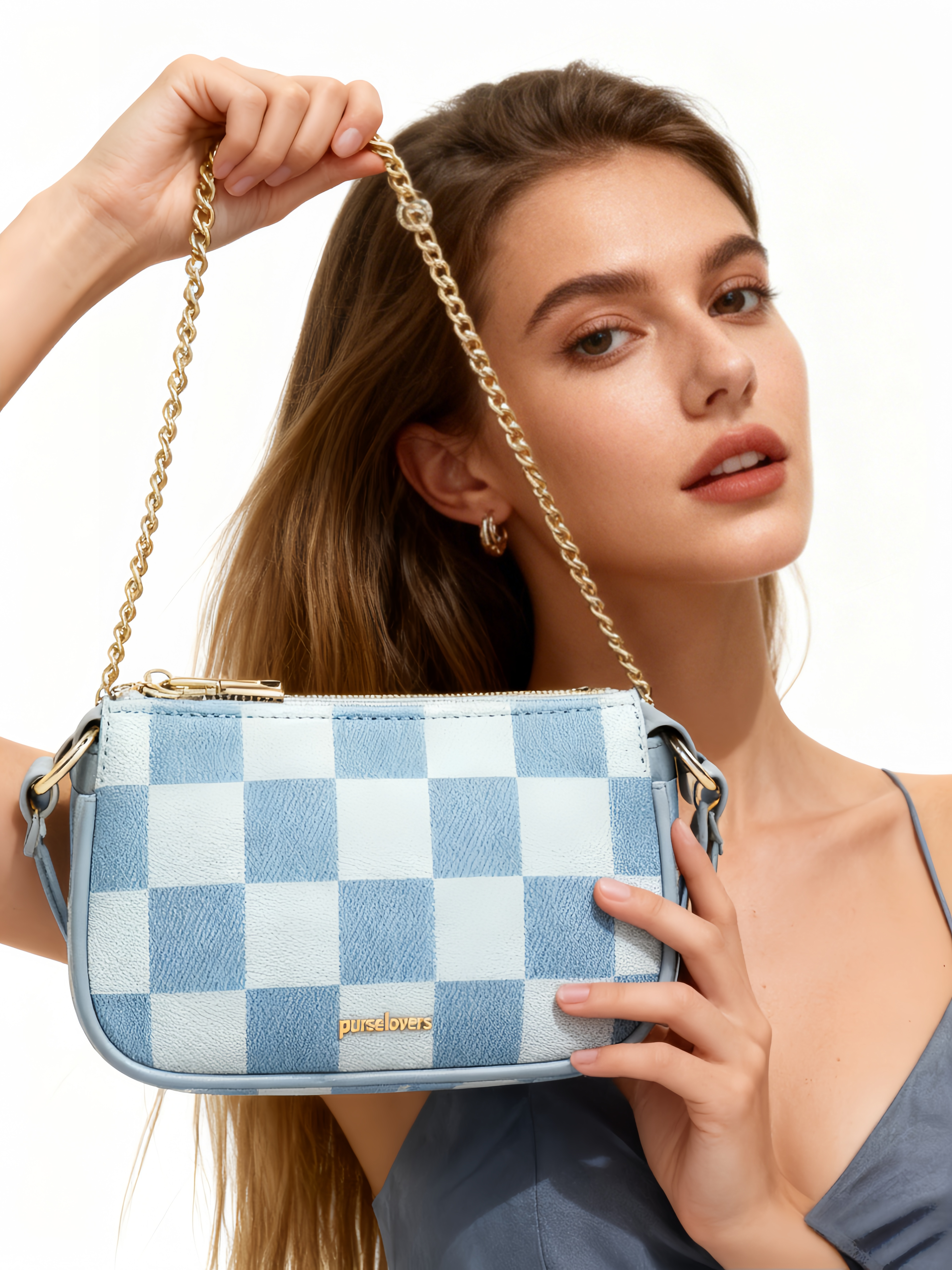 Purselovers Light Blue Checkered Pattern Chain Bag with Gold Logo