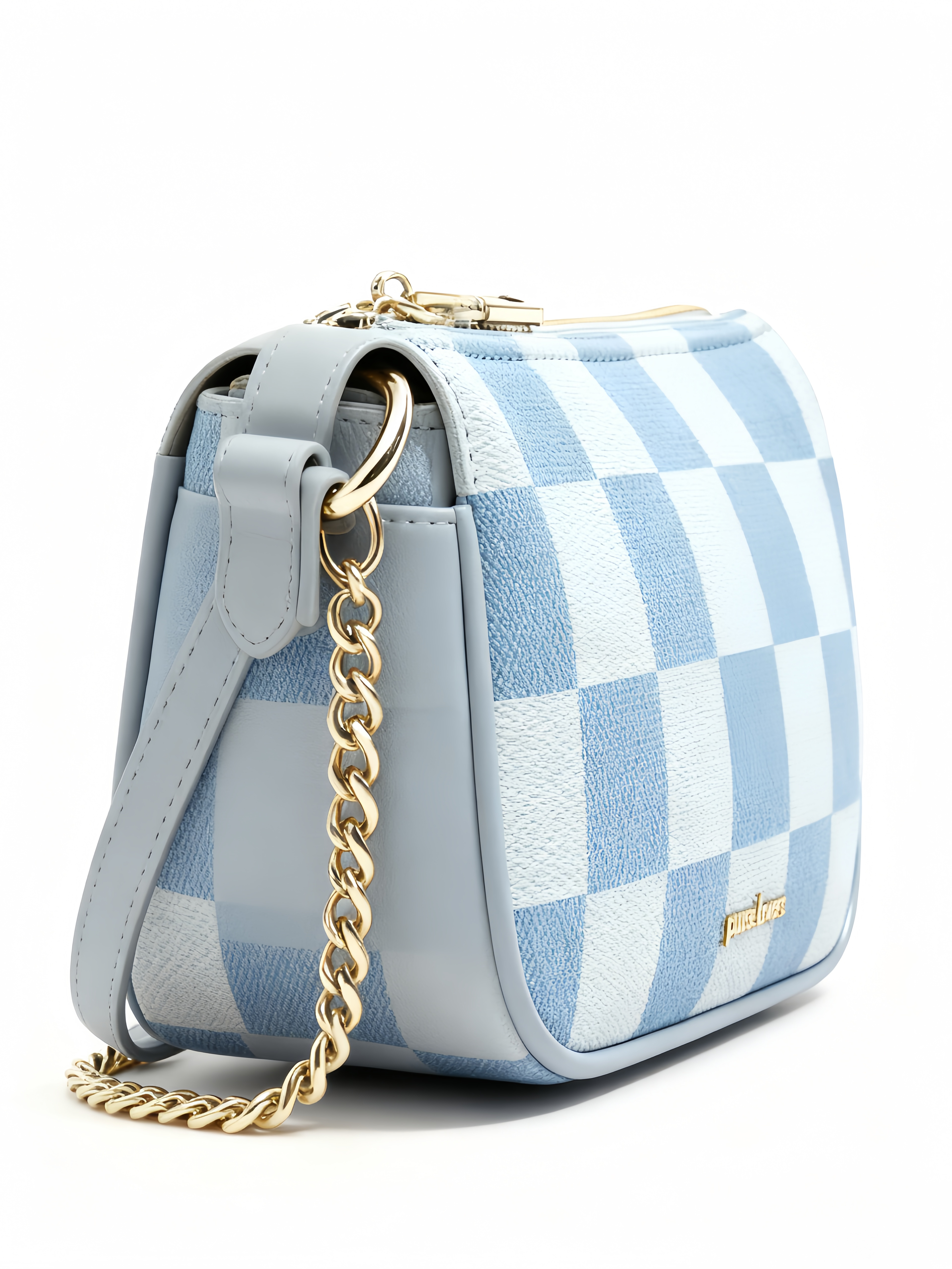 Purselovers Light Blue Checkered Pattern Chain Bag with Gold Logo